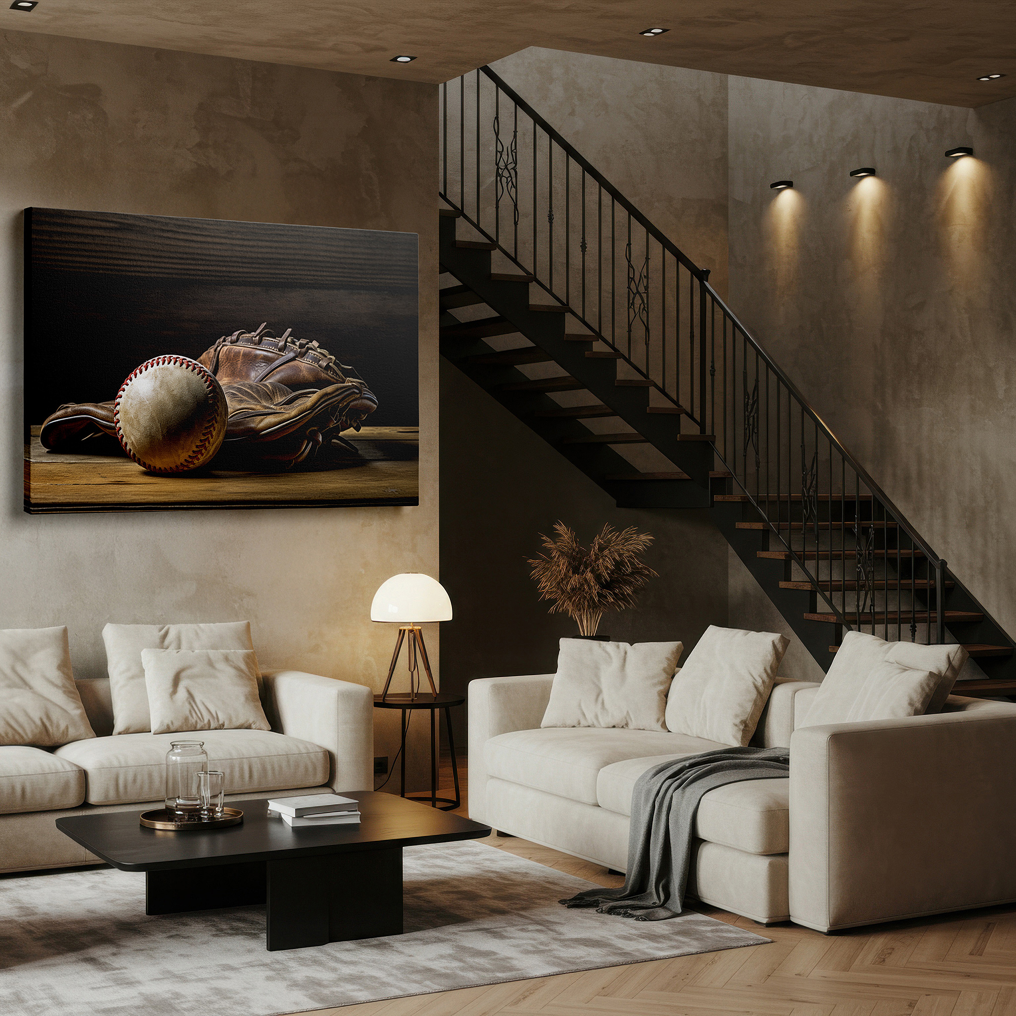 Gently illuminated by ambient lighting in an entryway — vintage baseball glove and ball on an old wooden table - a tribute to america's beloved pastime, large canvas wall art