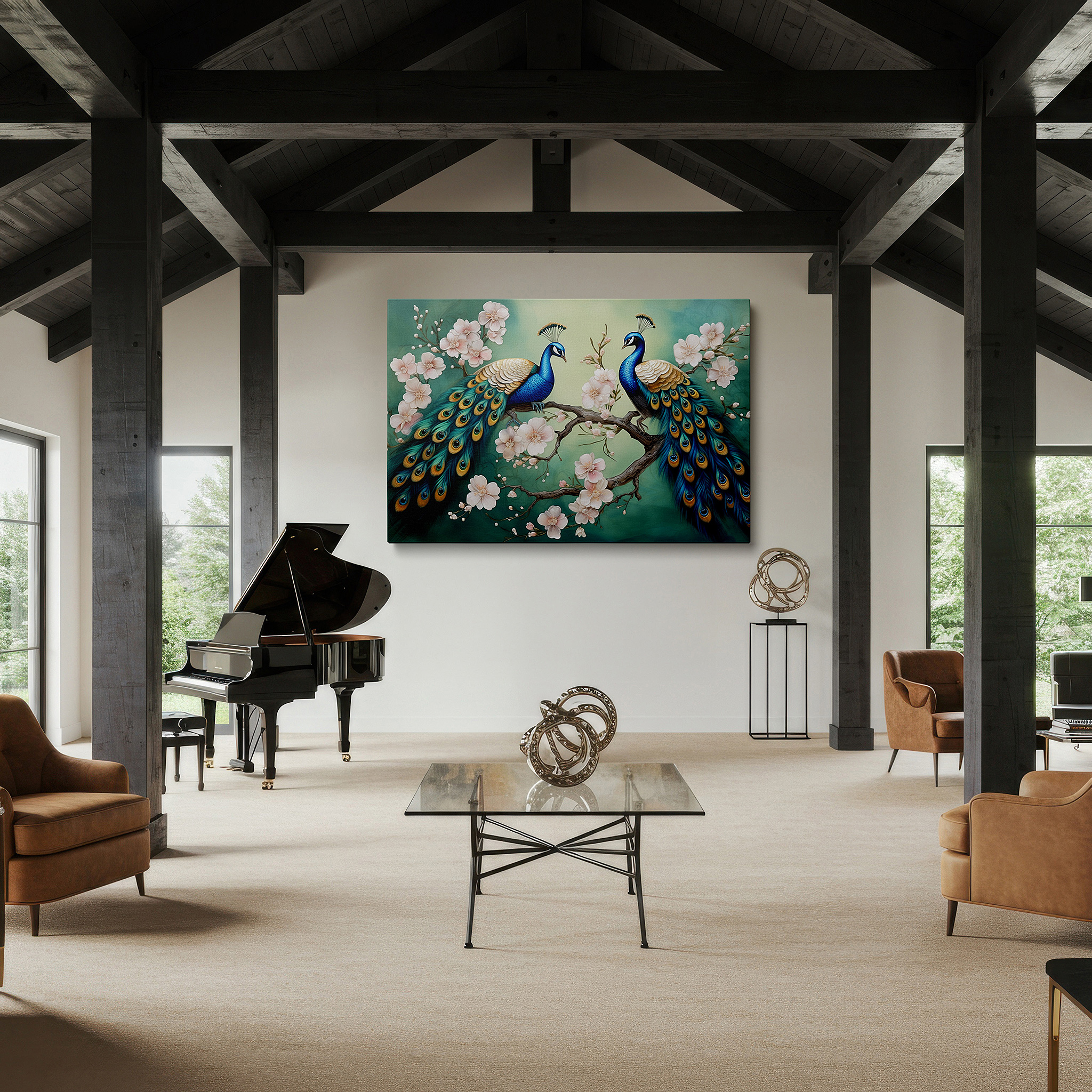 Gently illuminated by ambient lighting in an entryway — wall art: elegant nature scene with peacocks and cherry blossoms - large canvas art for office and bedroom decor