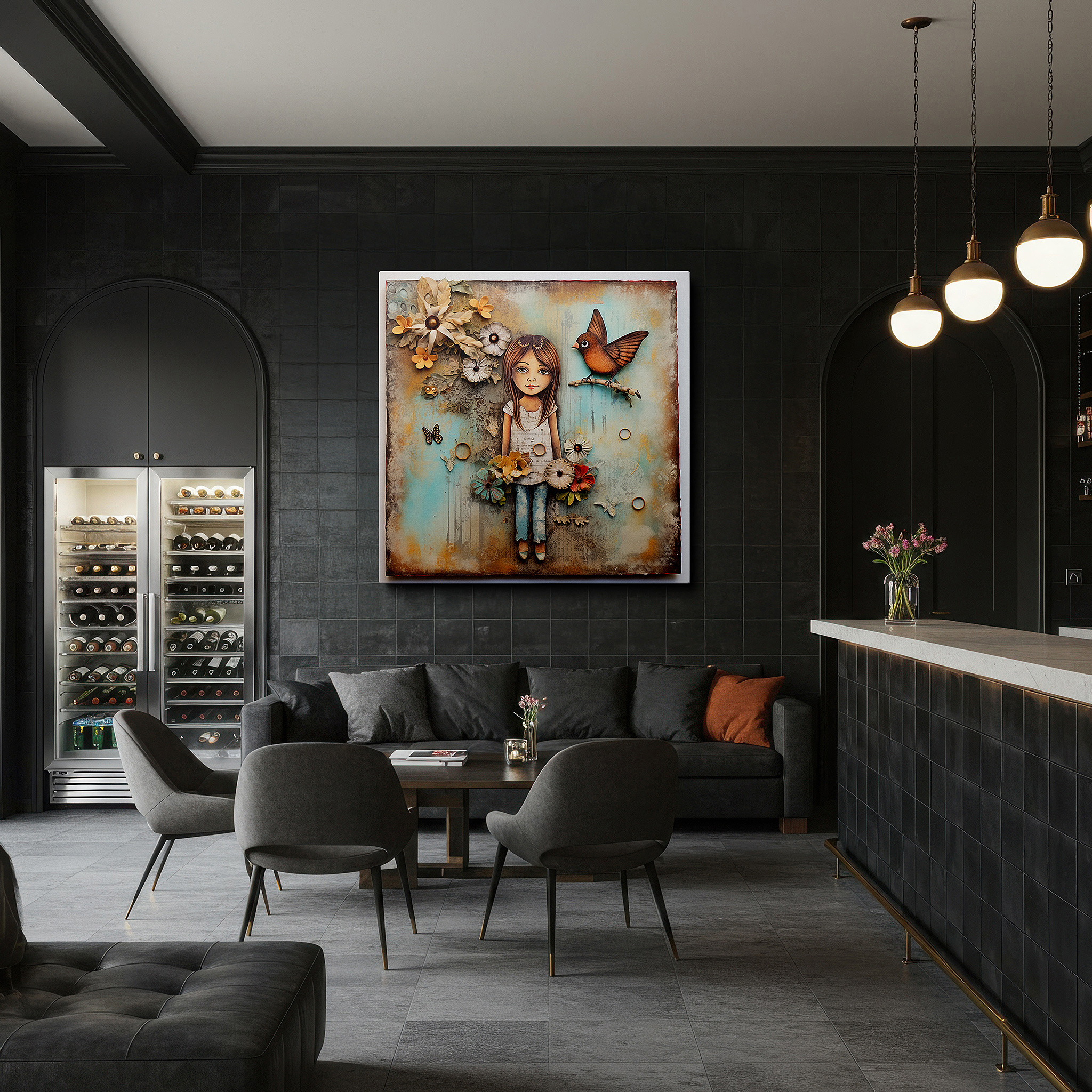 Gently illuminated by ambient lighting in an entryway — wall art: enchanting scene of a serene girl and lively bird among vivid flowers - a whimsical exploration of innocence large canvas wall art decor
