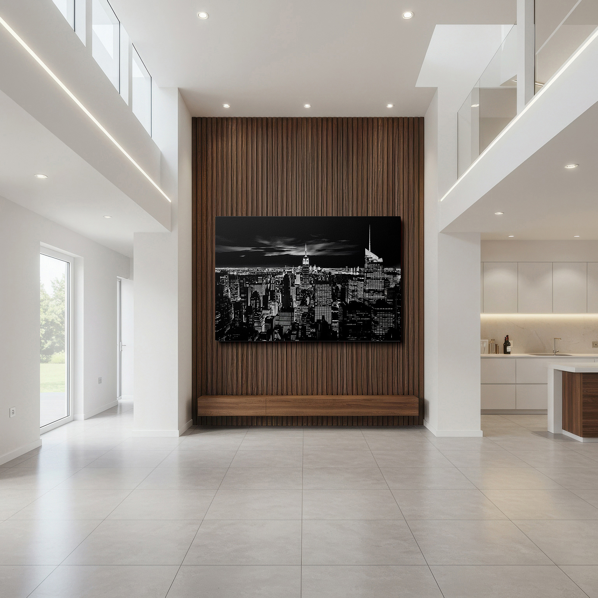 Gently illuminated by ambient lighting in an entryway — wall art: experience the timeless elegance of new york's night skyline with the iconic empire state building - large canvas wall art perfect for office decor