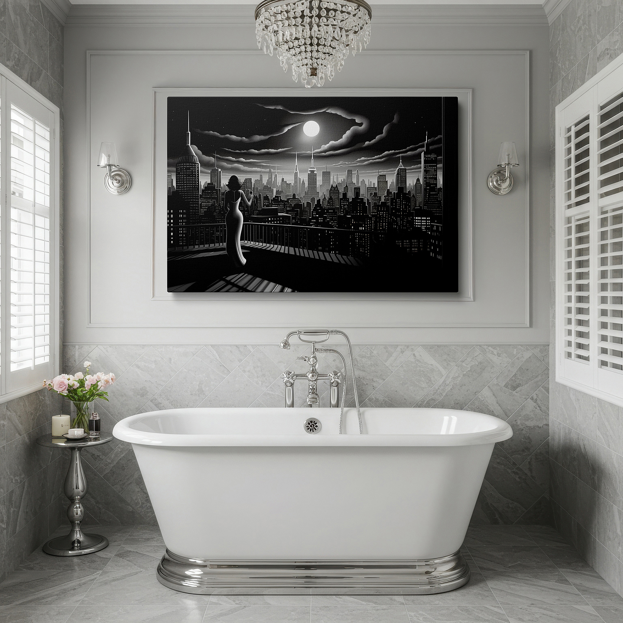 Gently illuminated by ambient lighting in an entryway — wall art: "human grace and urban energy under moonlit serenity" - large canvas for office, bedroom, or living room decor