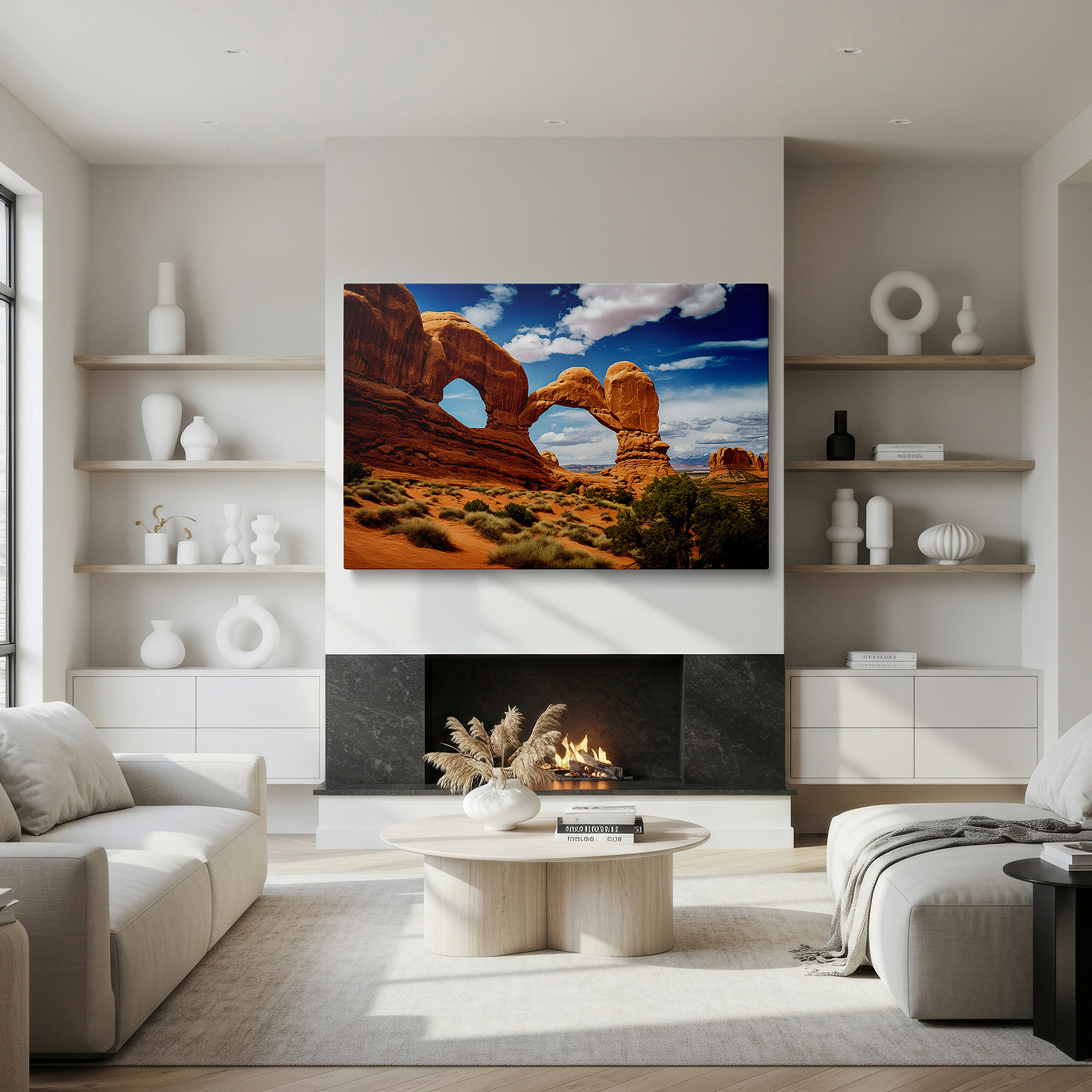 Gently illuminated by ambient lighting in an entryway — wall art: majestic arches of arches national park - timeless natural beauty and serenity. large canvas wall art for home and office decor.