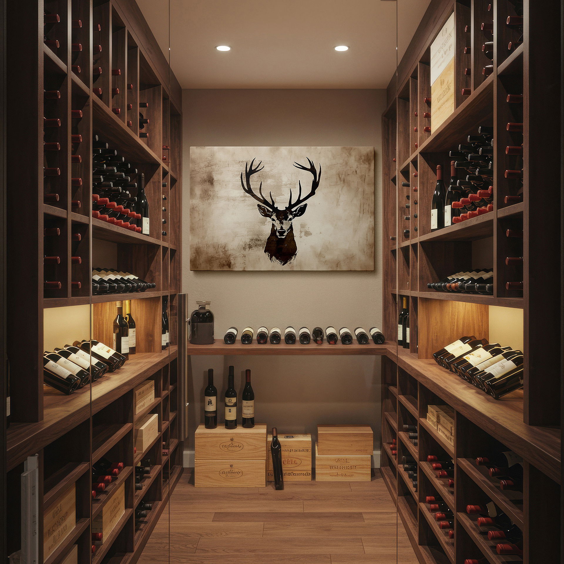 Gently illuminated by ambient lighting in an entryway — wall art: majestic stag at dawn, emblem of wild elegance and freedom