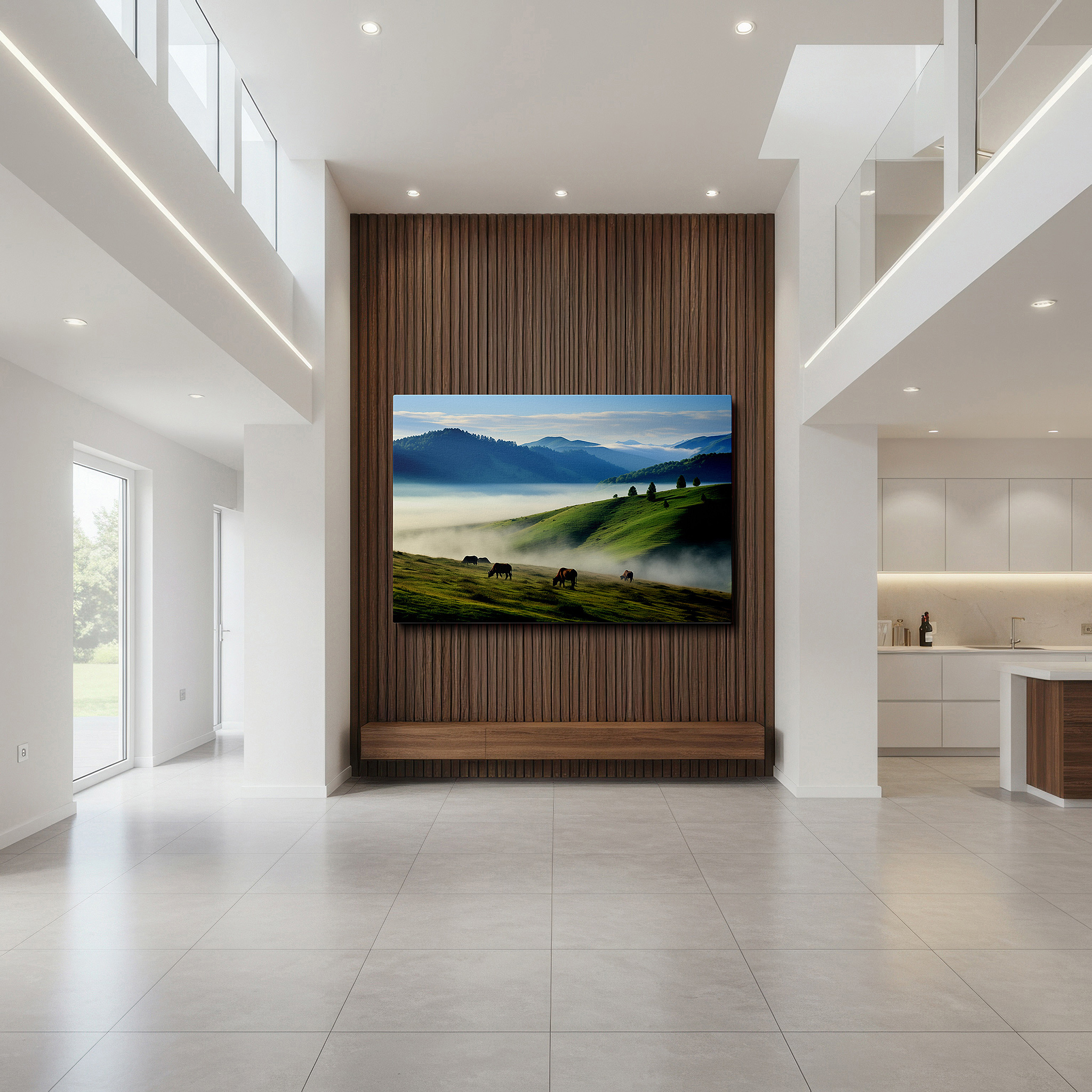 Gently illuminated by ambient lighting in an entryway — wall art: serene horses grazing in a lush field with majestic mountains, large canvas wall art for office decor