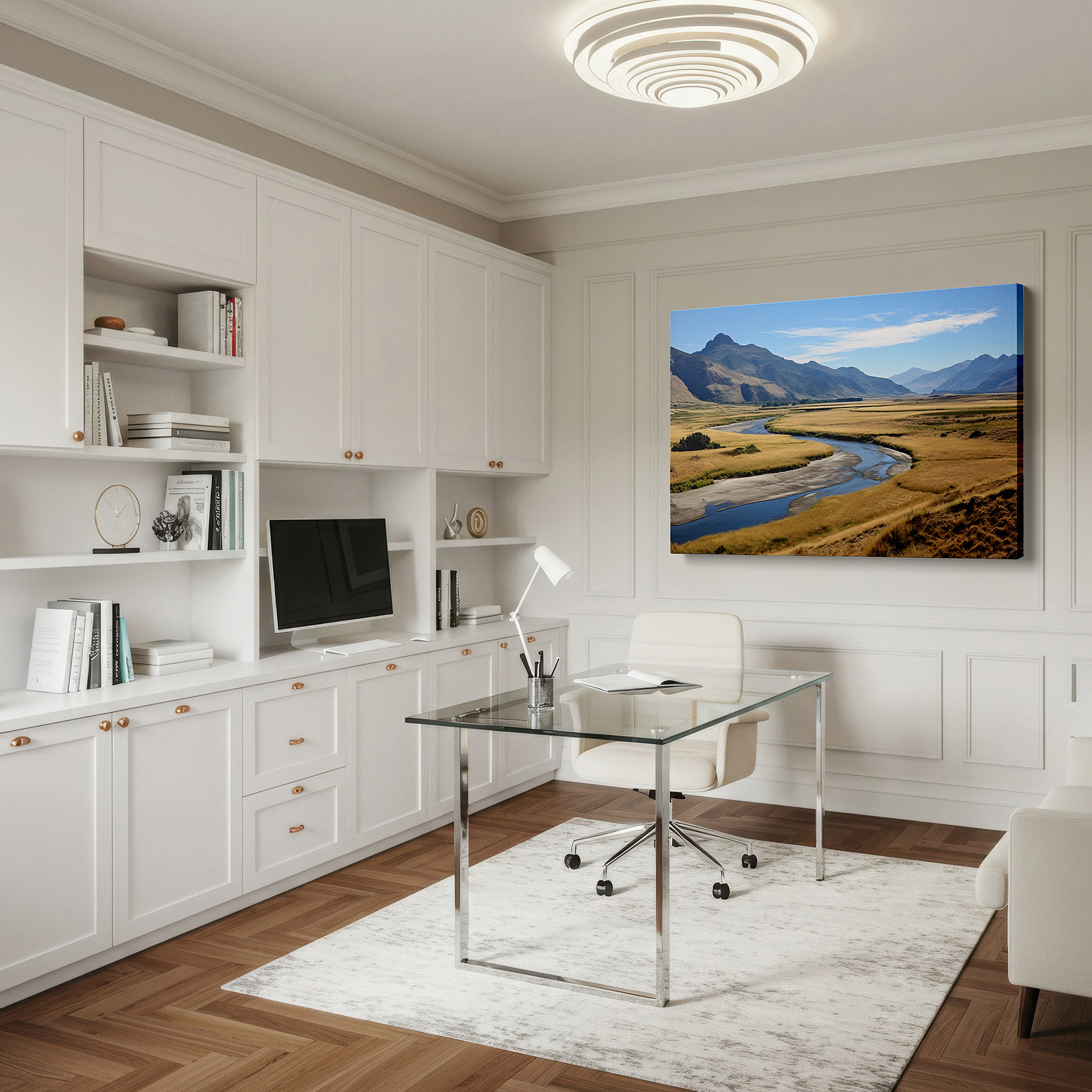 Gently illuminated by ambient lighting in an entryway — wall art: serene landscapes of verdant fields and grand mountains beneath a glowing sky - large canvas wall art for home and office decor, perfect for living room and bedroom