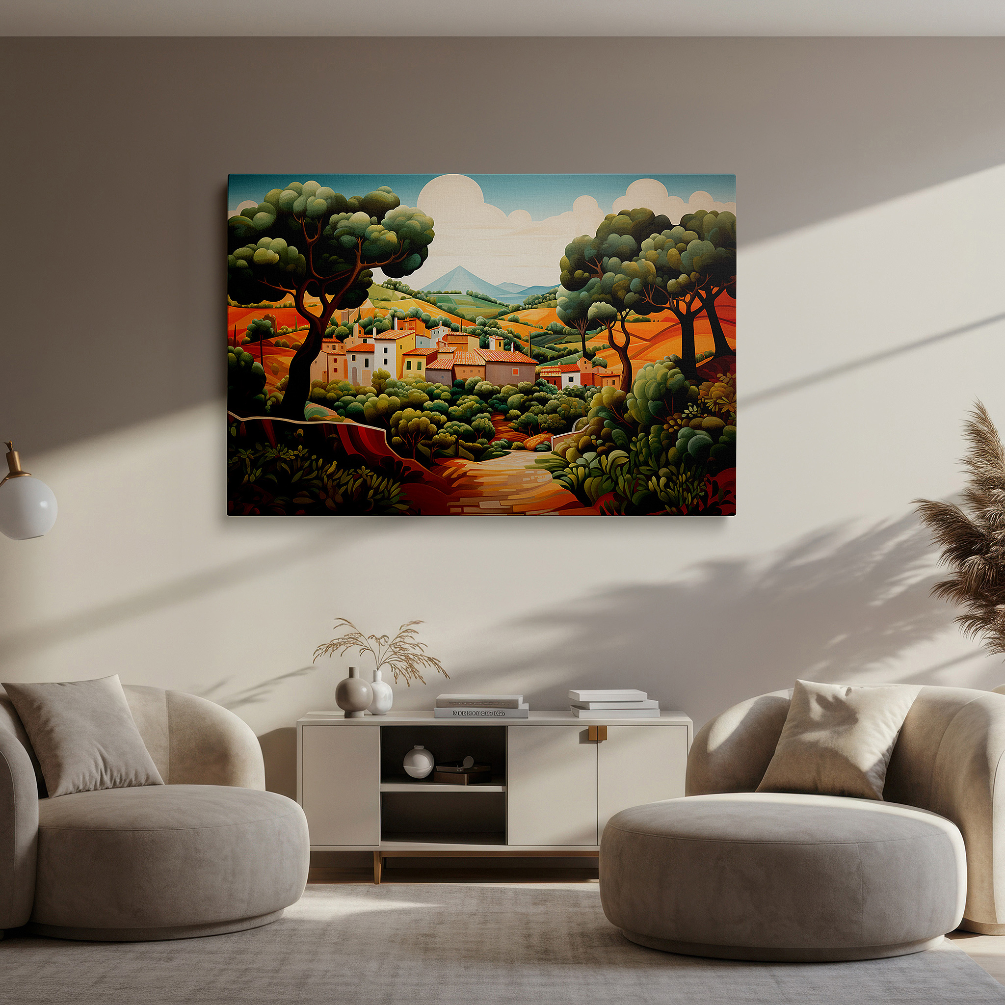 Gently illuminated by ambient lighting in an entryway — wall art: serene village surrounded by gentle hills, a lively display of countryside appeal and natural balance - large canvas wall art for home and office decor