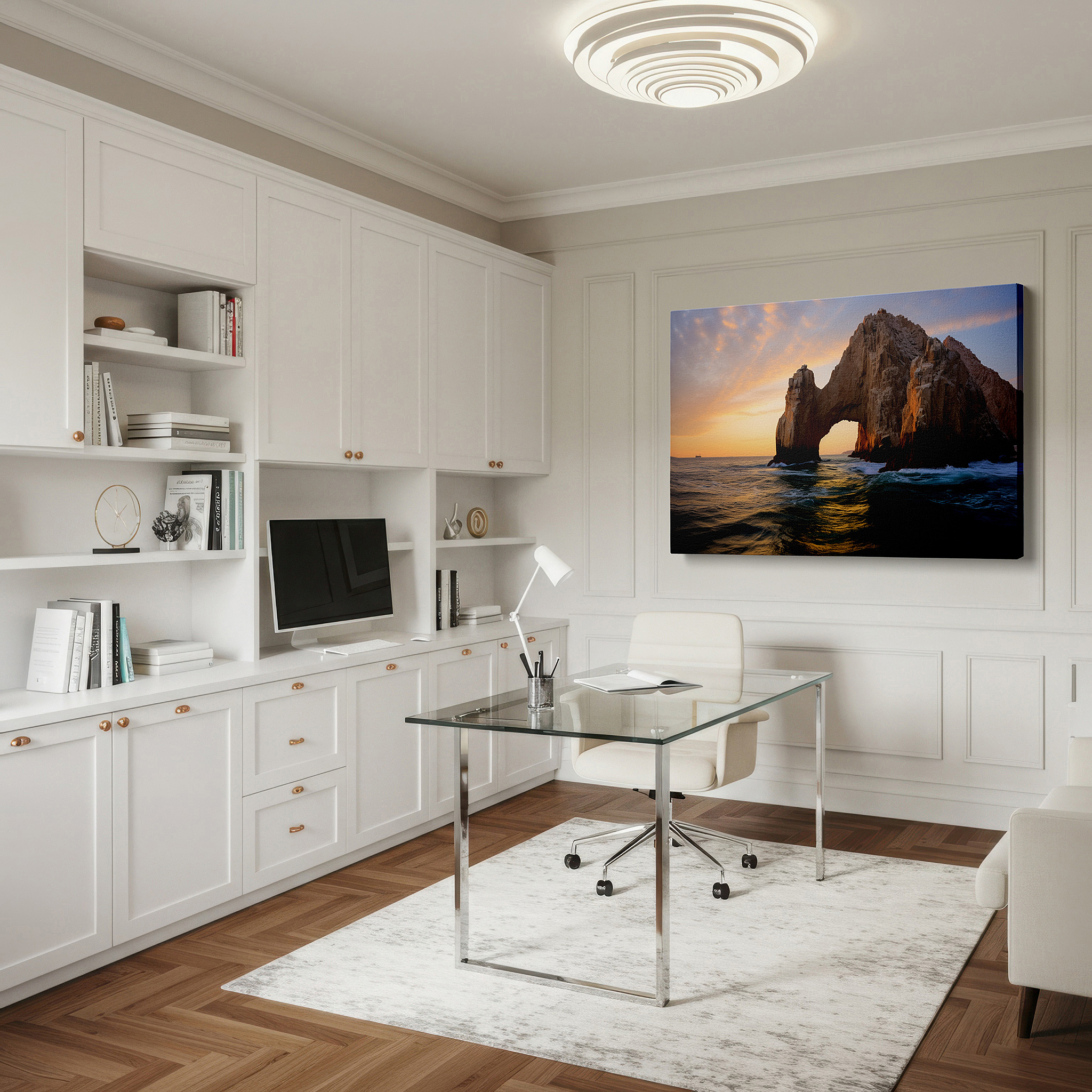 Gently illuminated by ambient lighting in an entryway — wall art: stunning ocean-edge rock formation bathed in sunset's glow - large canvas wall art for office, bedroom, and living room decor