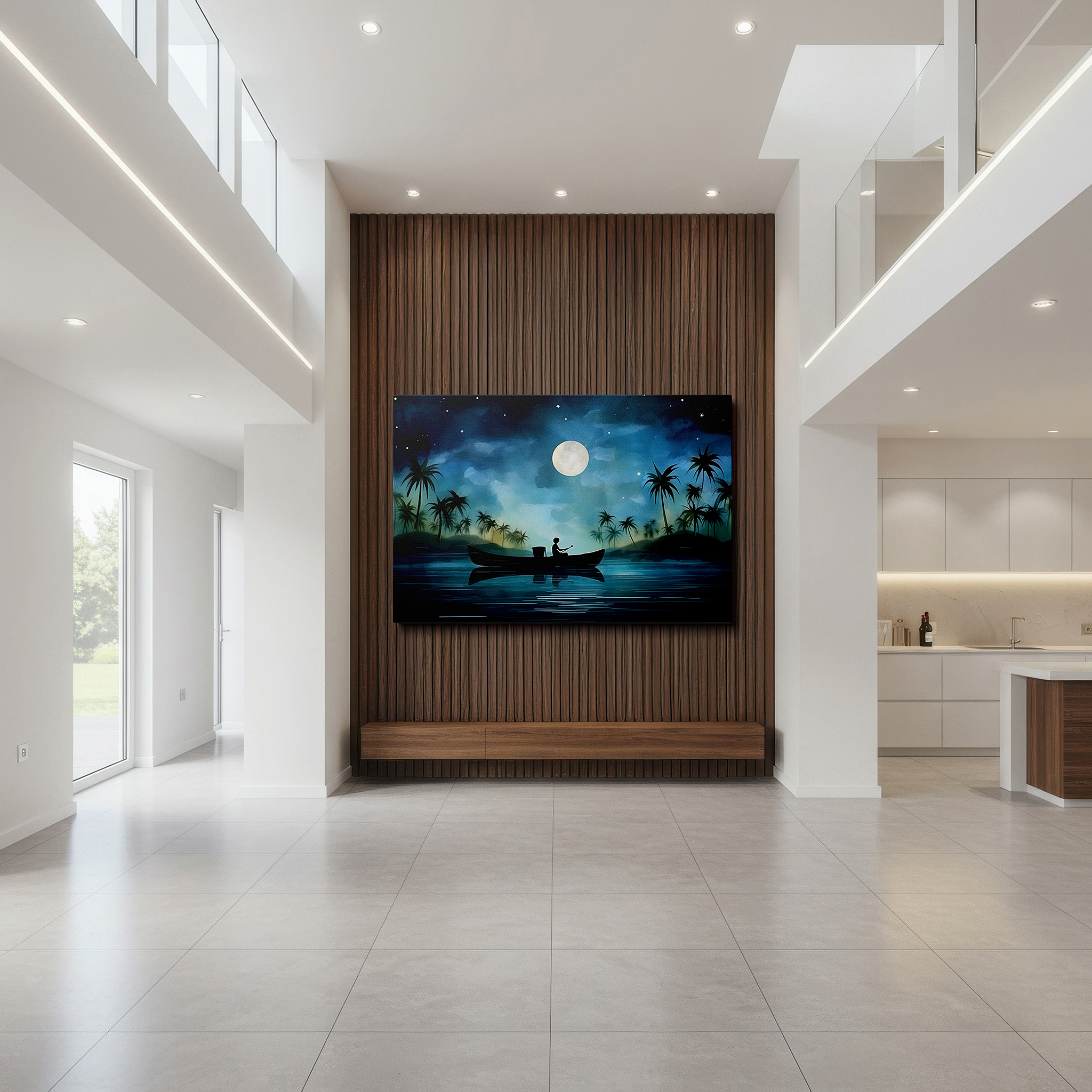 Gently illuminated by ambient lighting in an entryway — wall art: tranquil canoe trip beneath the stars, capturing solitude and awe - large canvas wall art for office and bedroom decor