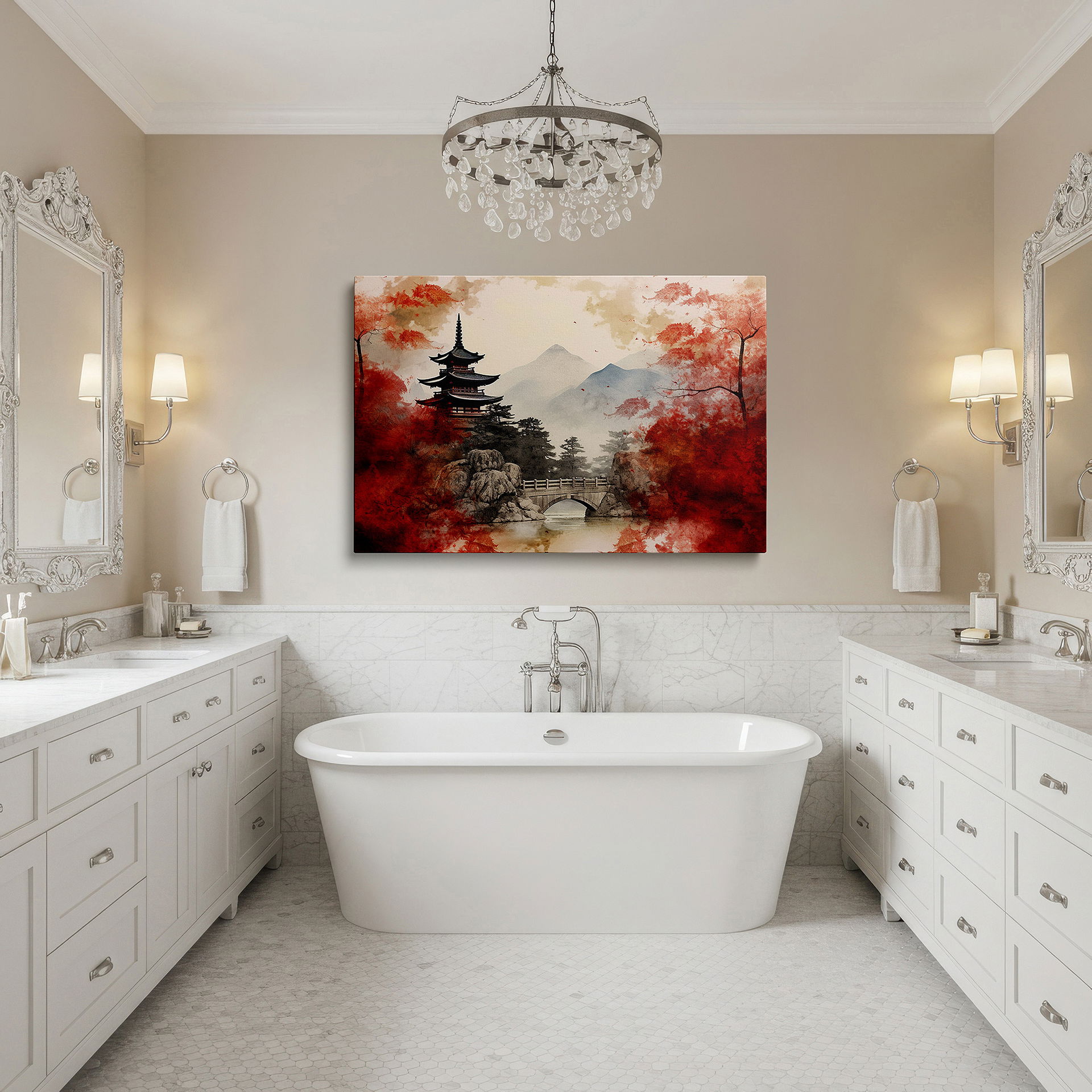 Gently illuminated by ambient lighting in an entryway — wall art: tranquil japanese pagoda surrounded by autumn colors