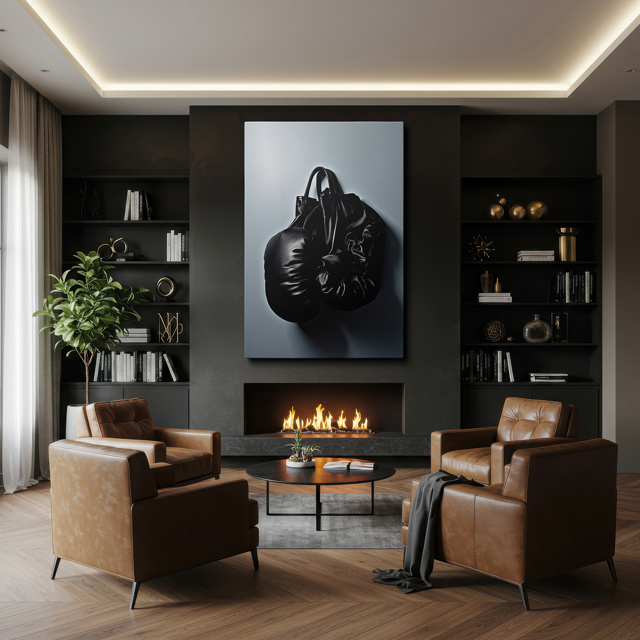 Gently illuminated by ambient lighting in an entryway — wall decor: stylish black leather bag transformed into boxing gloves - a blend of fashion and artistry. ideal for living room, office, or bedroom.