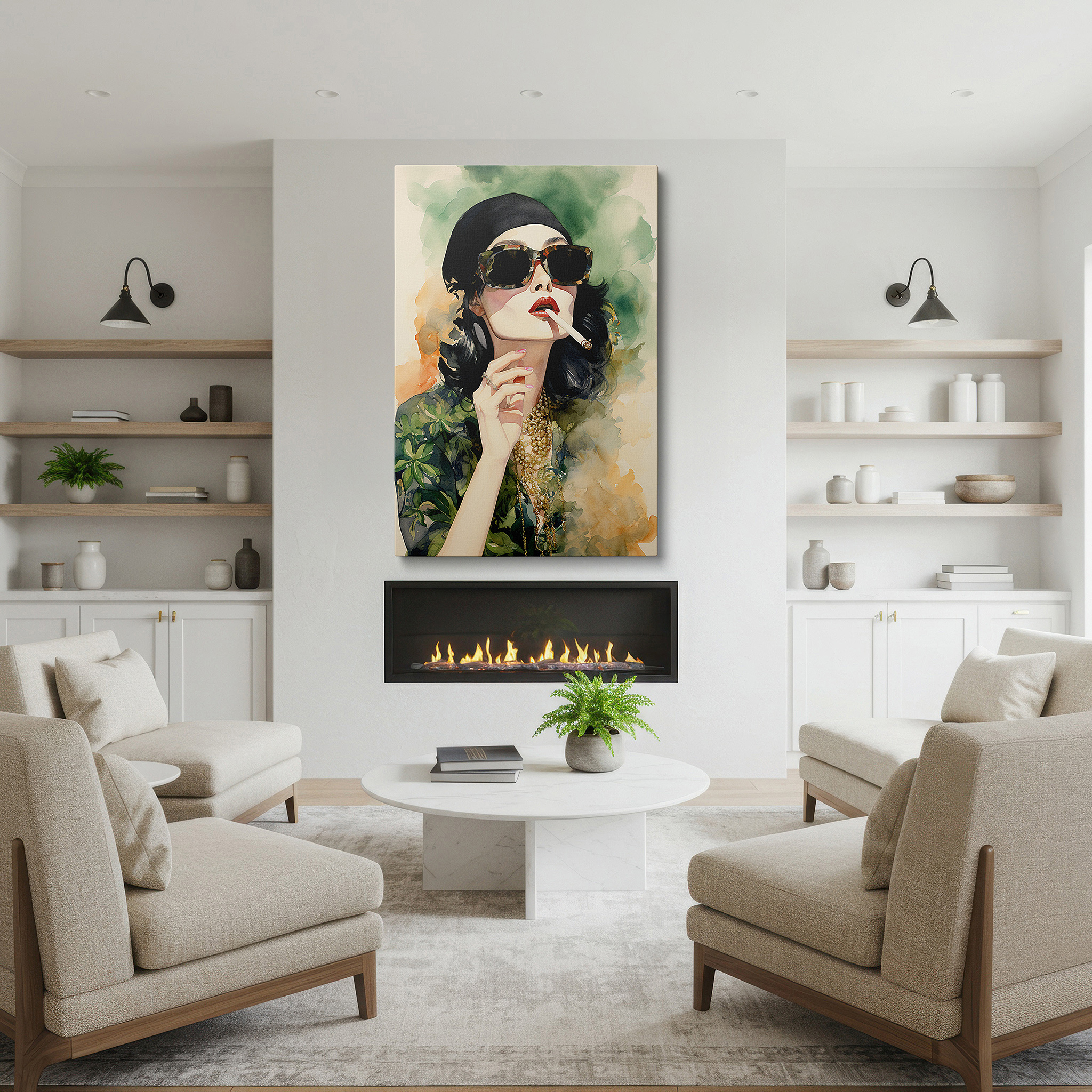 Gently illuminated by ambient lighting in an entryway — wall decor: where timeless elegance and modern femininity combine in a bold display of style and confidence - featuring large canvas art perfect for home or office