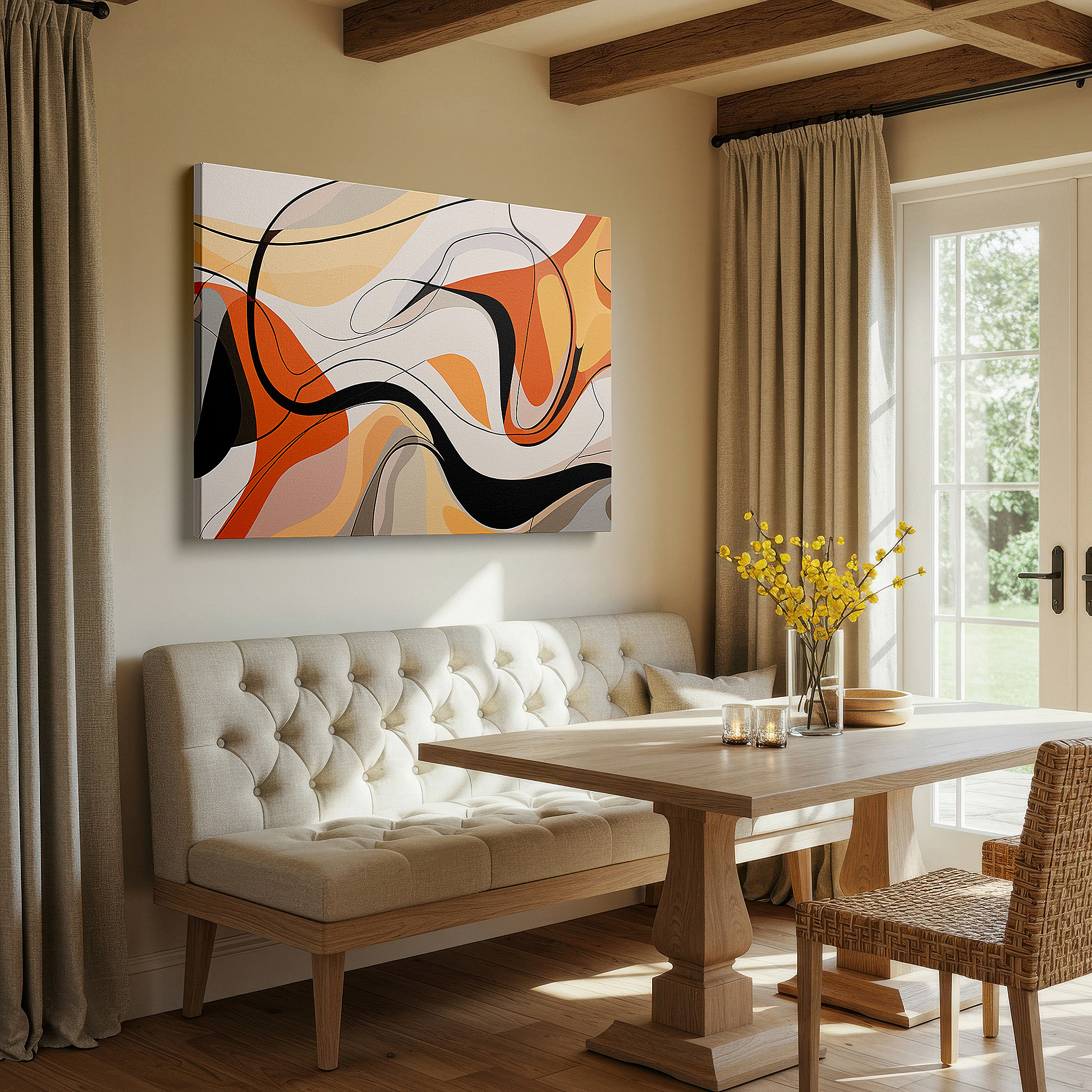 Hung in a cozy reading nook beside a floor lamp and bookshelf — abstract expression in earthy tones and curved shapes: a visual symphony of nature and emotion - large canvas wall art for office decor