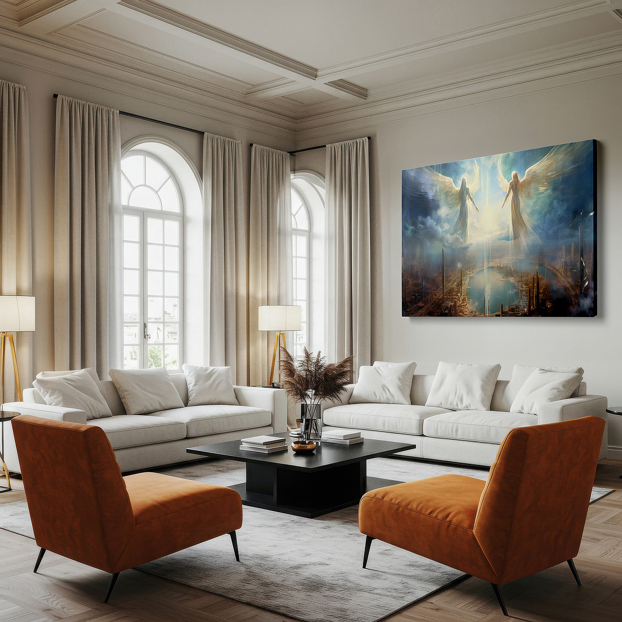Hung in a cozy reading nook beside a floor lamp and bookshelf — angelic figures bathed in radiant light above modern cityscape, symbolizing peace and optimism, large wall art, canvas wall art, wall decor for office