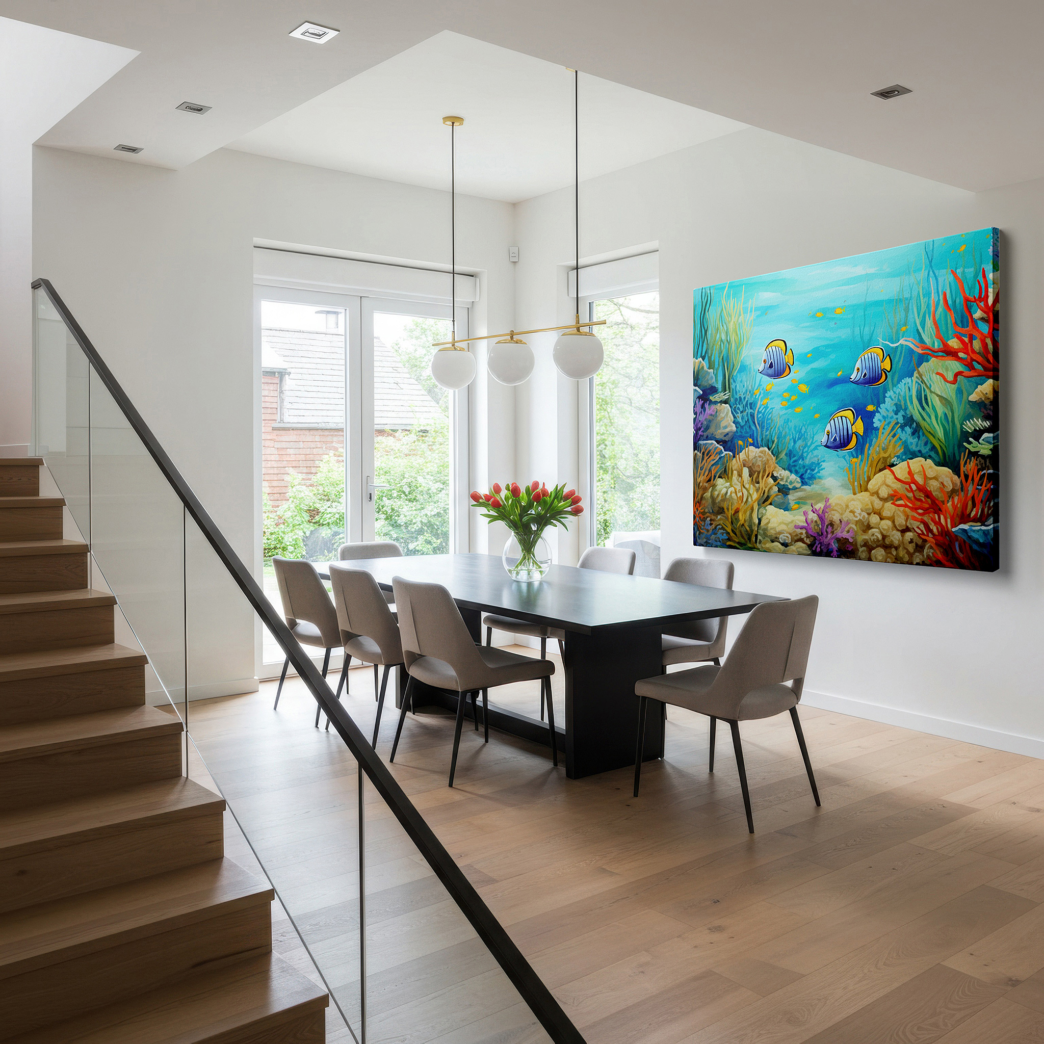 Hung in a cozy reading nook beside a floor lamp and bookshelf — aquatic wonders wall art: explore an enchanted underwater realm with large canvas prints for home and office decor