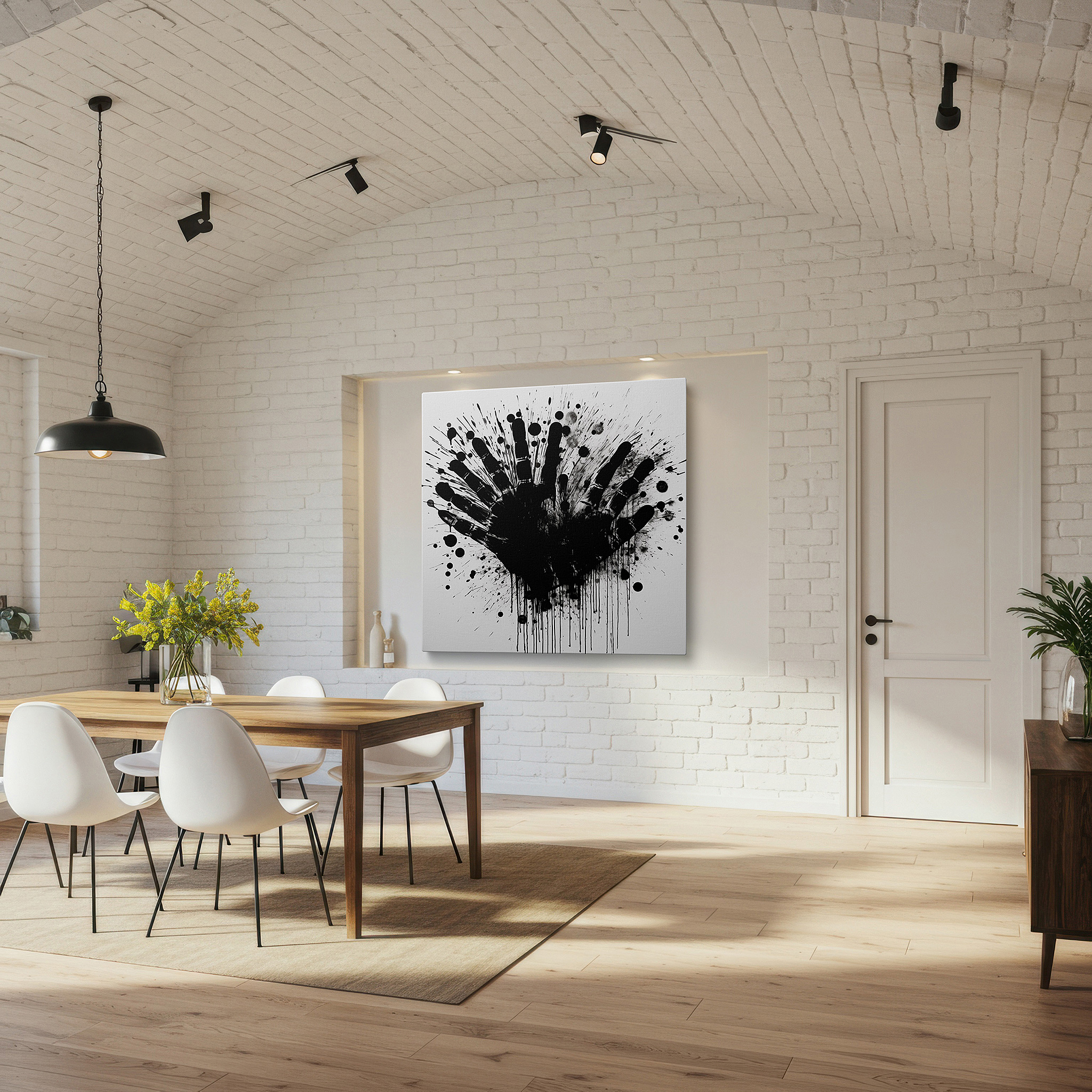 Hung in a cozy reading nook beside a floor lamp and bookshelf — black handprint on white background: a representation of identity and emotion - large wall art, canvas wall art, wall decor for office and bedroom