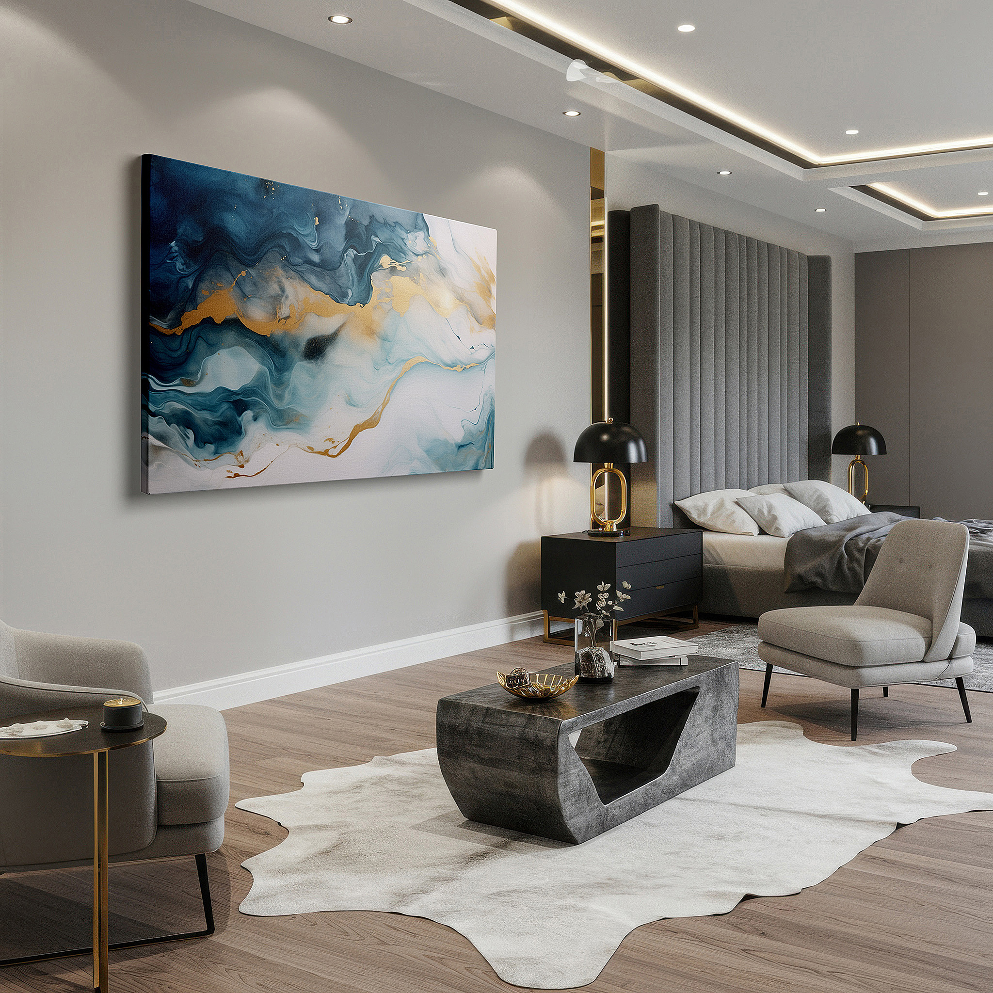 Hung in a cozy reading nook beside a floor lamp and bookshelf — blue and gold fluid waves, embodying the serene beauty and depth of the ocean - large canvas wall art for home and office decor