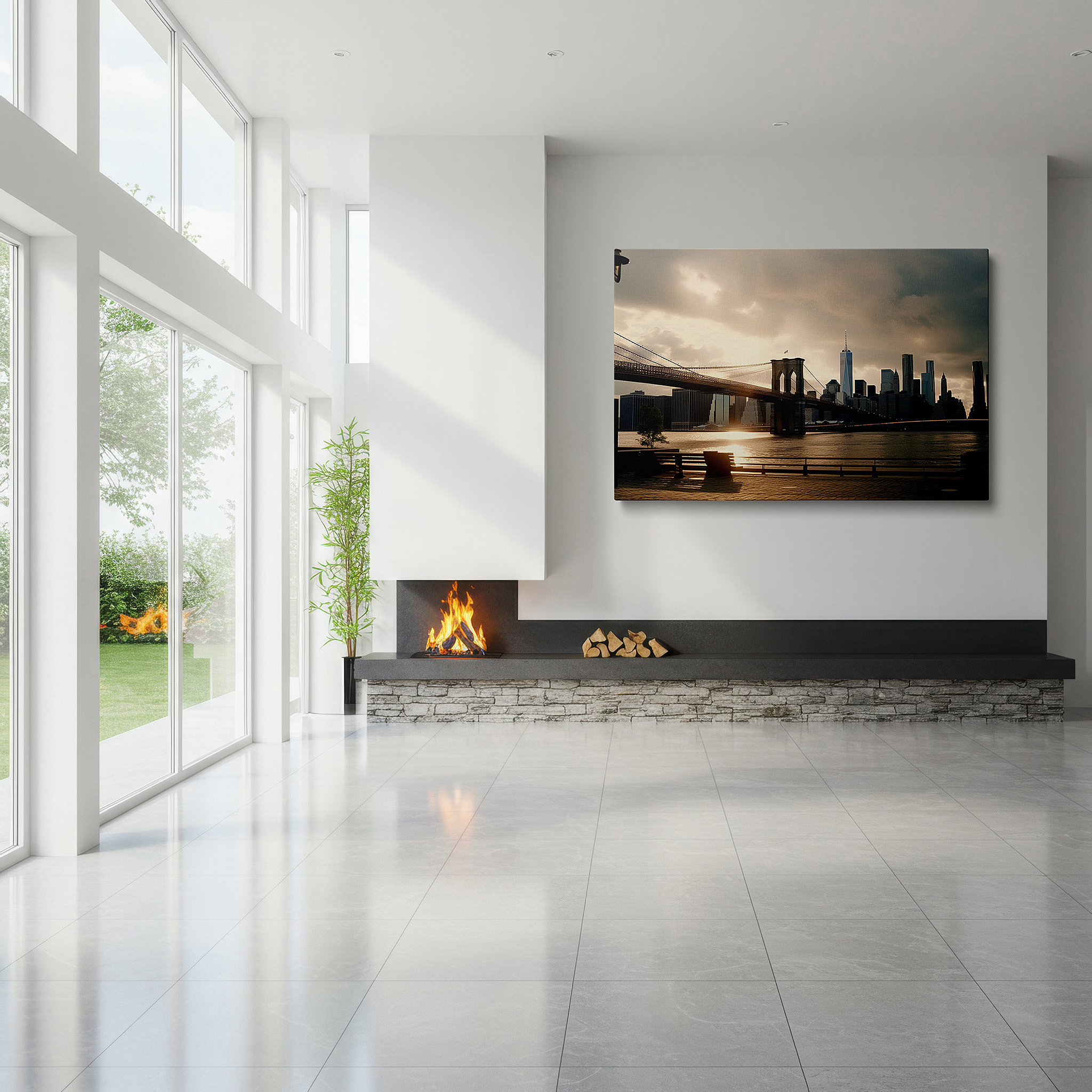 Hung in a cozy reading nook beside a floor lamp and bookshelf — brooklyn bridge at sunset wall art - a serene mix of cityscape and nature, large canvas art for home and office decor, perfect for living room and bedroom