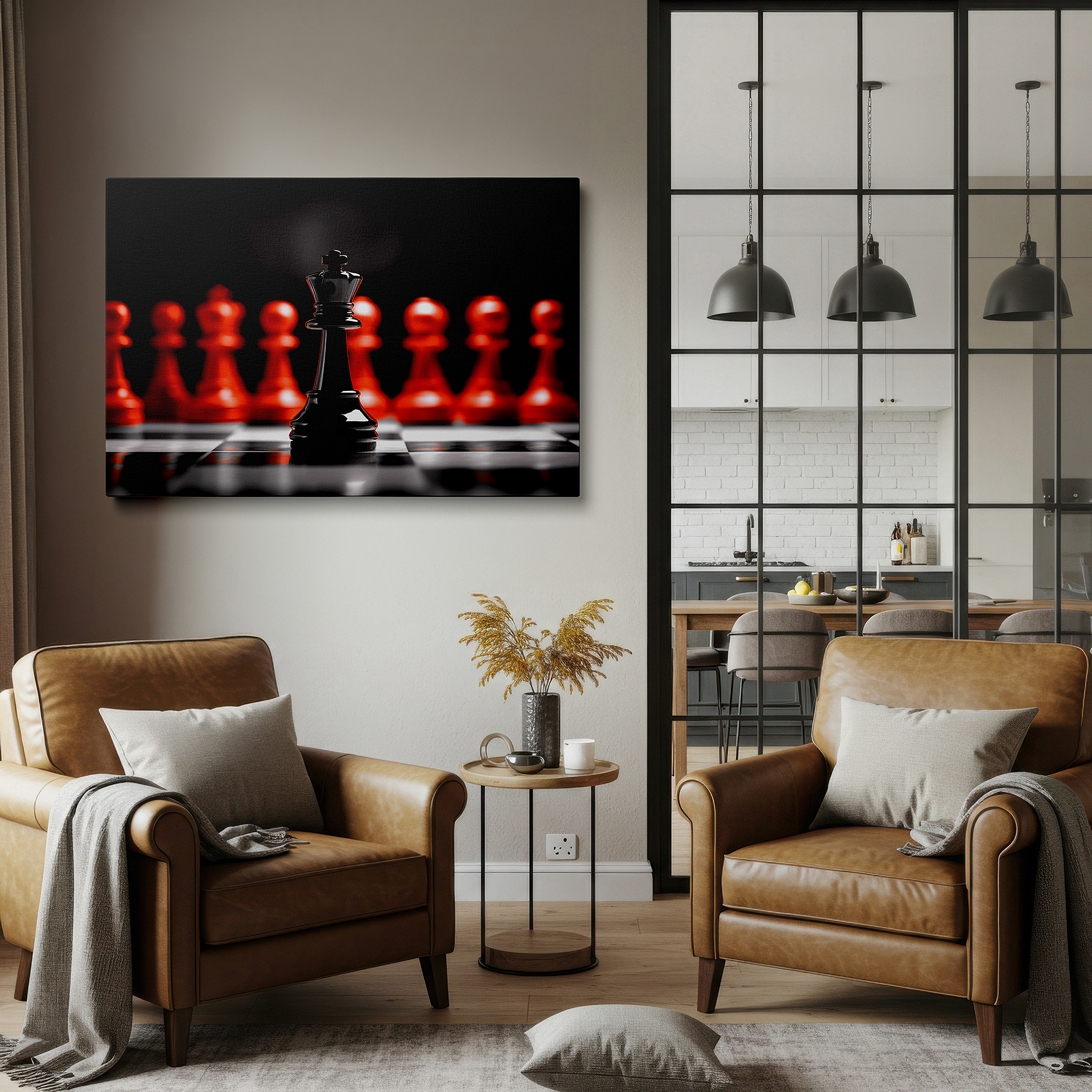 Hung in a cozy reading nook beside a floor lamp and bookshelf — chess strategy and intellectual mastery wall art featuring a majestic black king and advancing red pawns, large canvas wall art