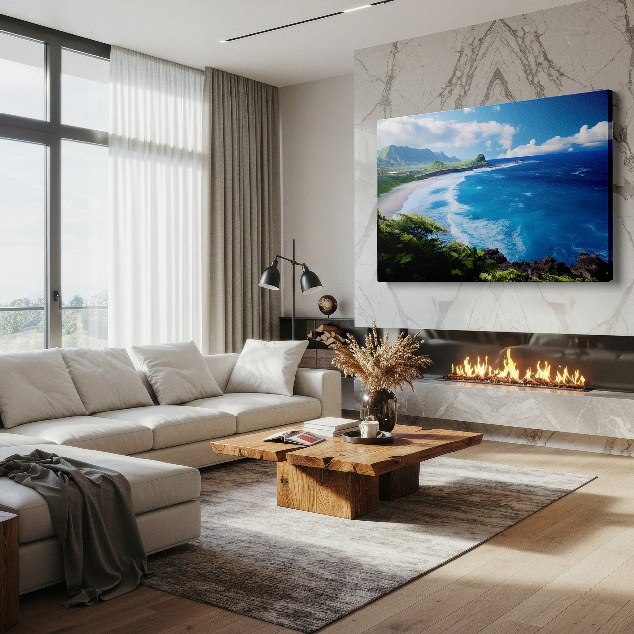 Hung in a cozy reading nook beside a floor lamp and bookshelf — coastal tranquility: lush hills and vibrant ocean waves - large canvas wall art for office, bedroom, and living room decor