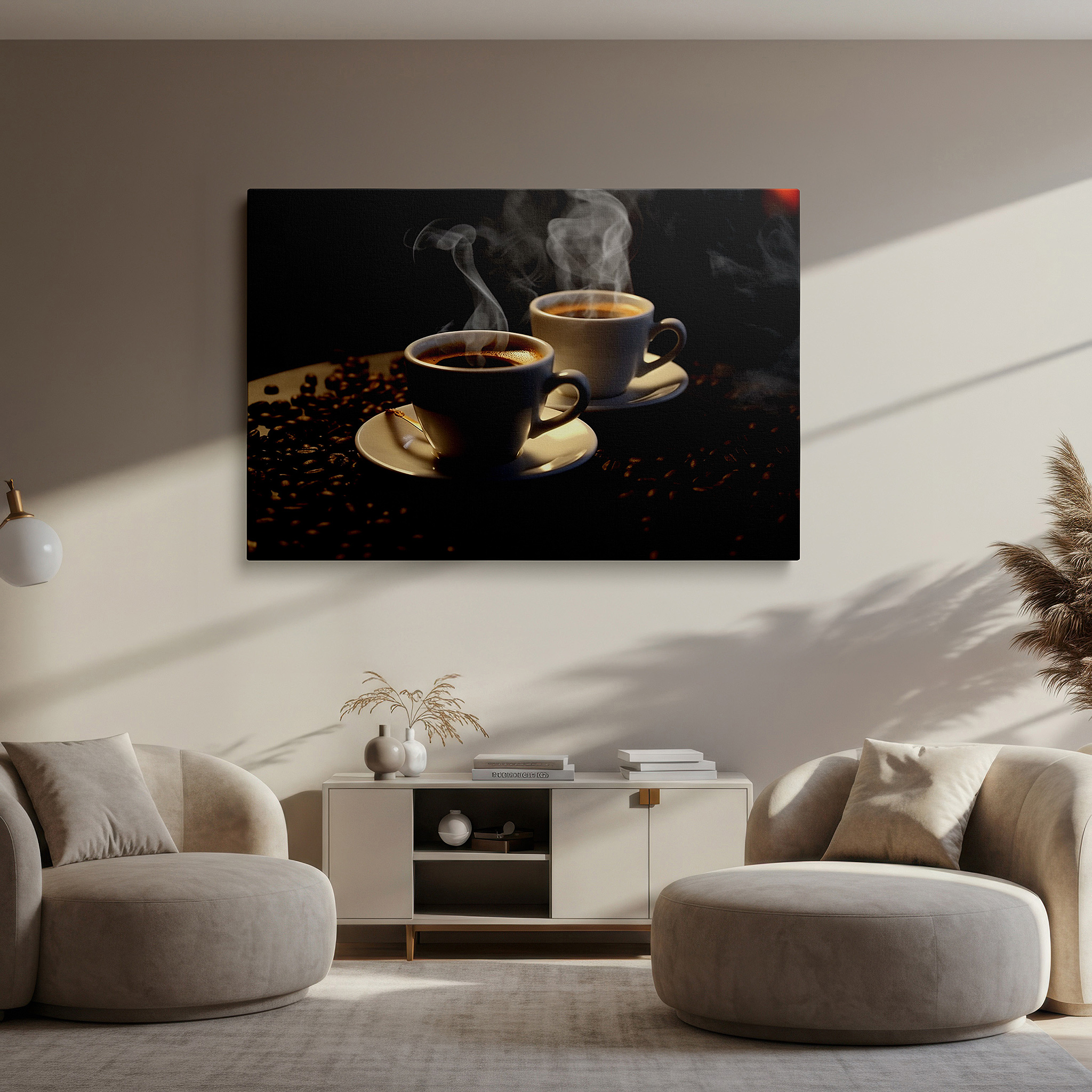 Hung in a cozy reading nook beside a floor lamp and bookshelf — coffee culture tribute wall art featuring steaming cups and roasted beans - large canvas for office or bedroom decor