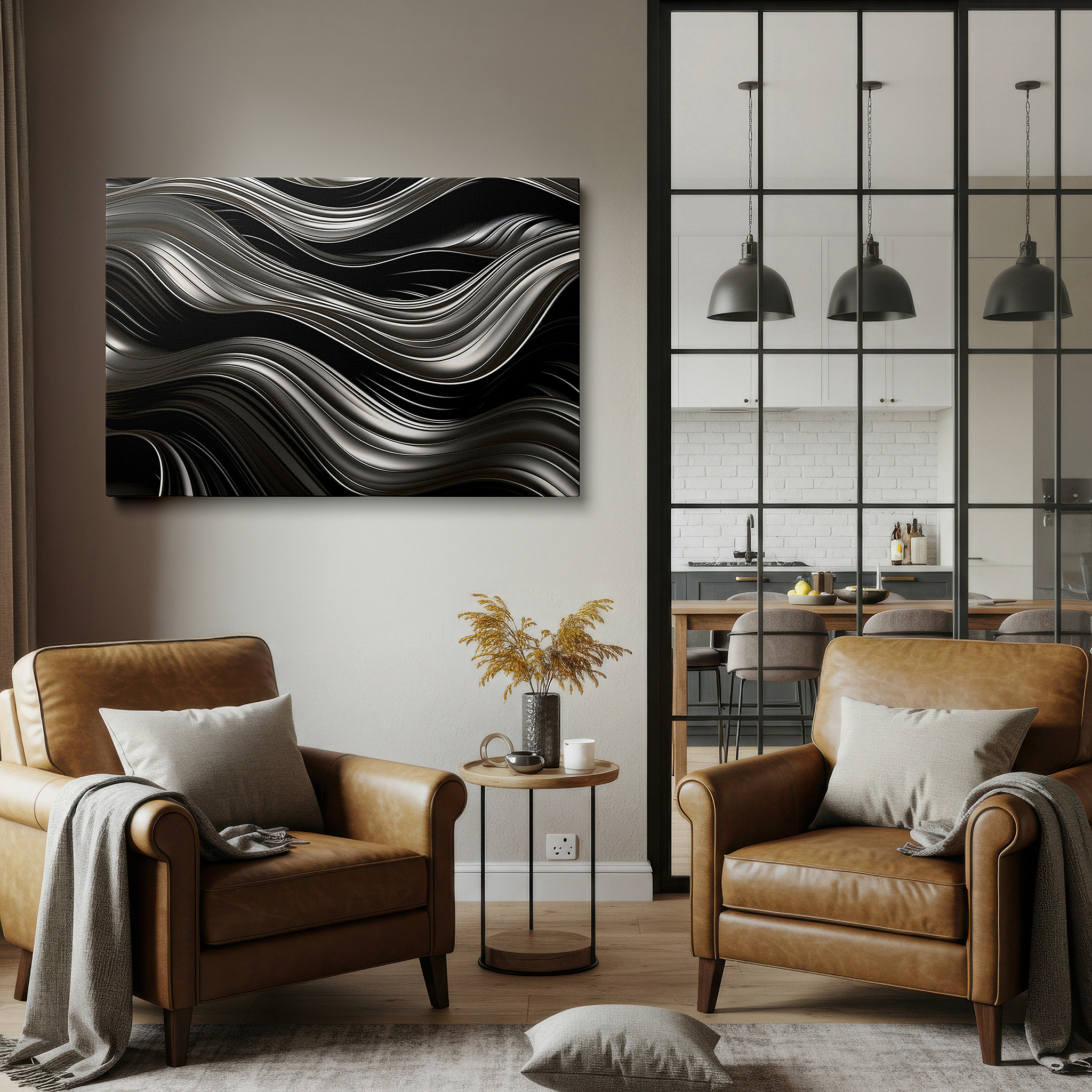 Hung in a cozy reading nook beside a floor lamp and bookshelf — dramatic black waves: a symphony of movement and light - large canvas wall art for office and bedroom decor