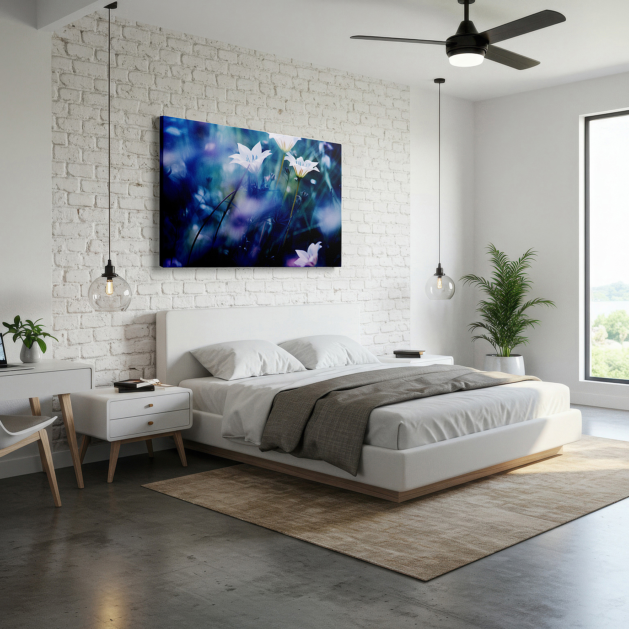 Hung in a cozy reading nook beside a floor lamp and bookshelf — dreamlike ethereal garden with enchanted white flowers large wall art, canvas wall art, wall decor for office, bedroom, and living room