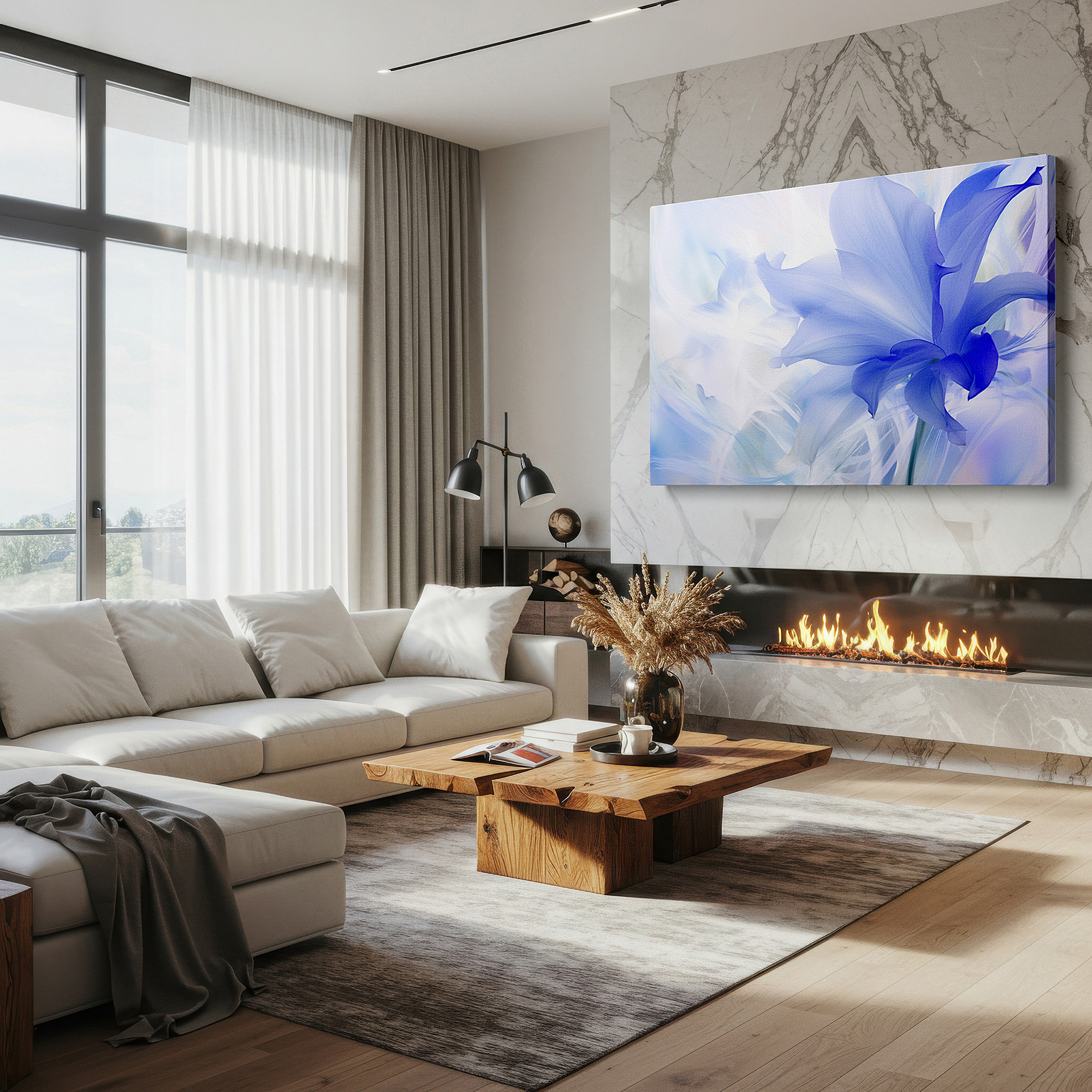 Hung in a cozy reading nook beside a floor lamp and bookshelf — dreamy solitary blue flower opening petals large wall art, canvas decor for office and bedroom