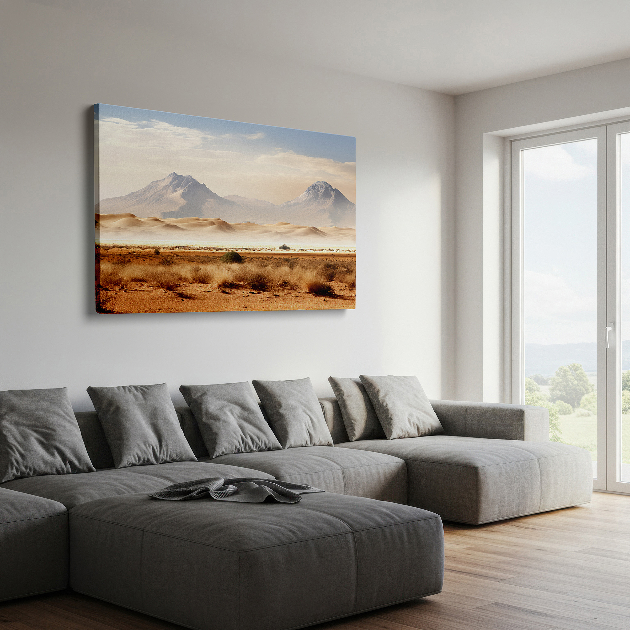 Hung in a cozy reading nook beside a floor lamp and bookshelf — earth tone desert dunes and mountain ranges, serene and stark nature canvas, large wall art for office decor
