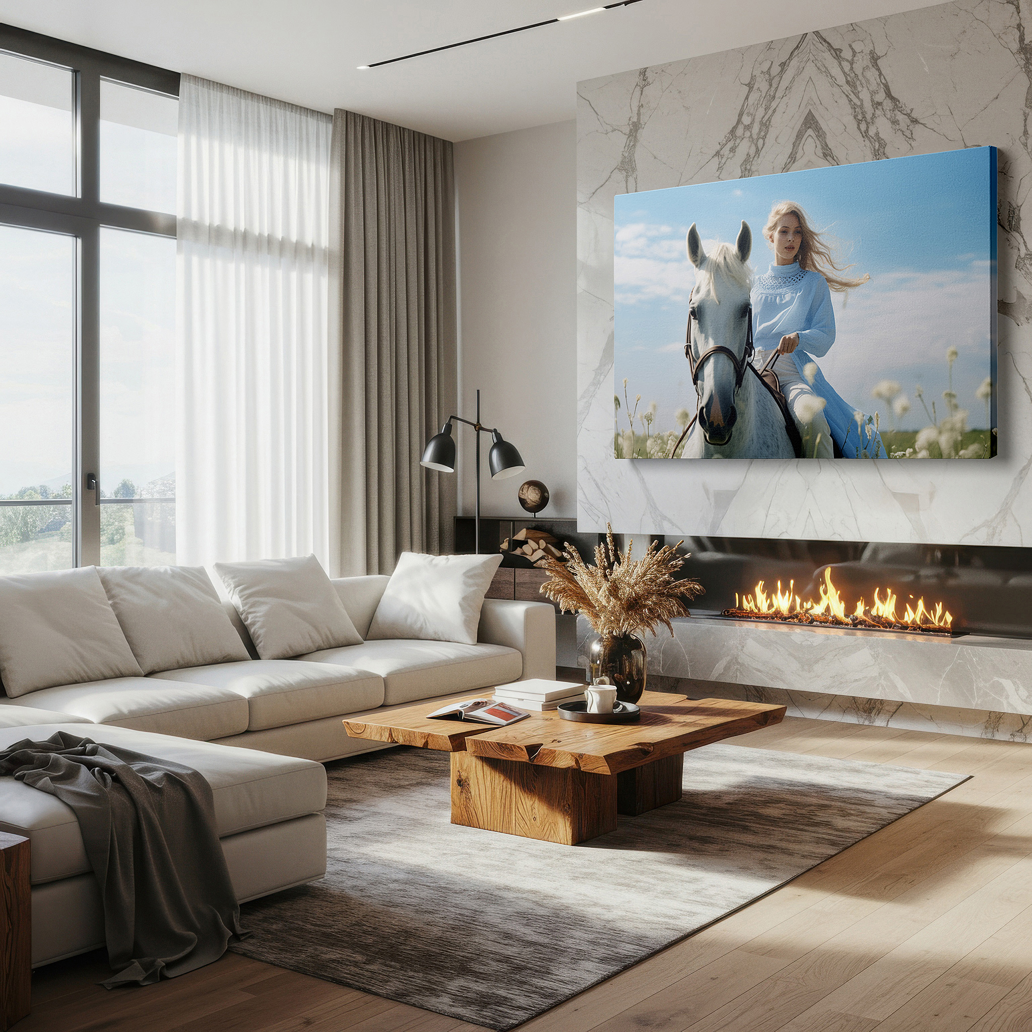 Hung in a cozy reading nook beside a floor lamp and bookshelf — elegant lady and noble white horse in a wildflower meadow under a bright blue sky - large canvas wall art for home and office decor