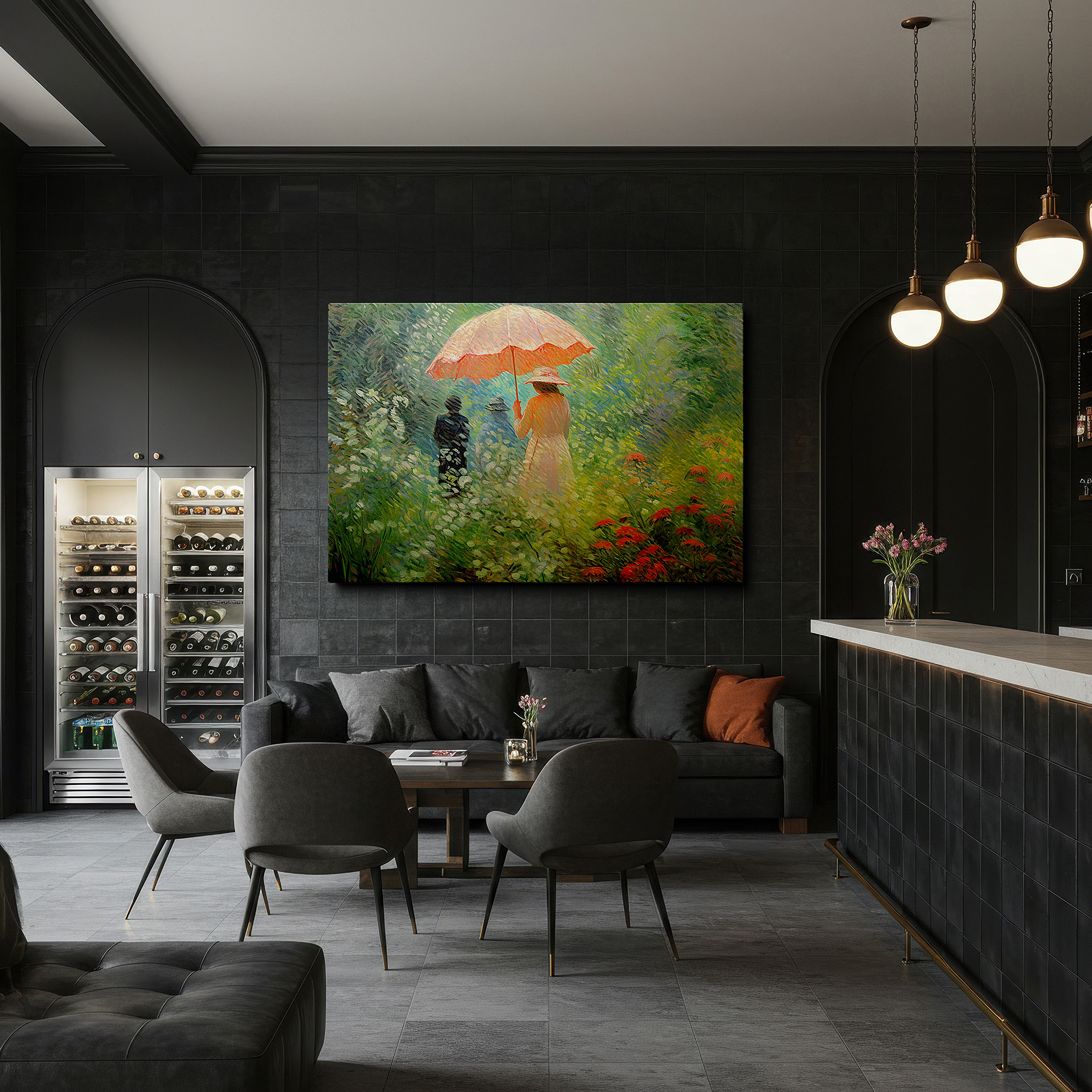 Hung in a cozy reading nook beside a floor lamp and bookshelf — elegant lady with umbrella in a flourishing garden wall art, canvas decor for office, bedroom, and living room