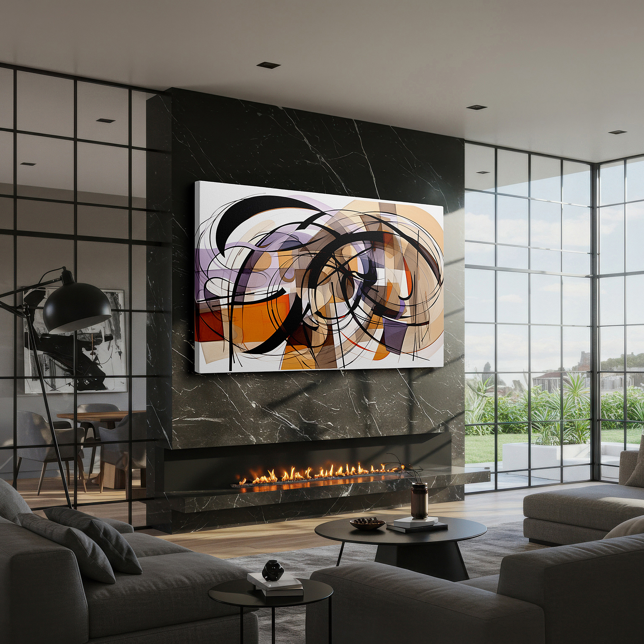 Hung in a cozy reading nook beside a floor lamp and bookshelf — elegant large wall art featuring warm colors and emotional depth, perfect for sophisticated spaces, including offices and bedrooms