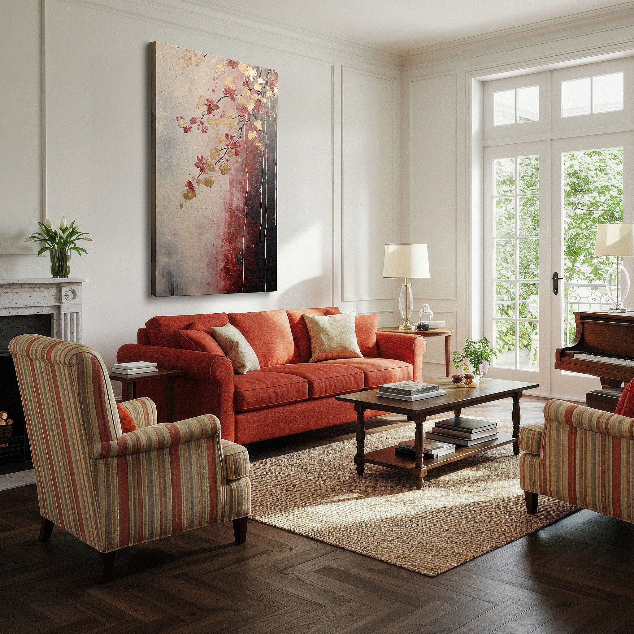 Hung in a cozy reading nook beside a floor lamp and bookshelf — elegant and modern large wall art featuring vibrant red flowers and gold highlights on a dual-toned canvas, perfect for office wall decor