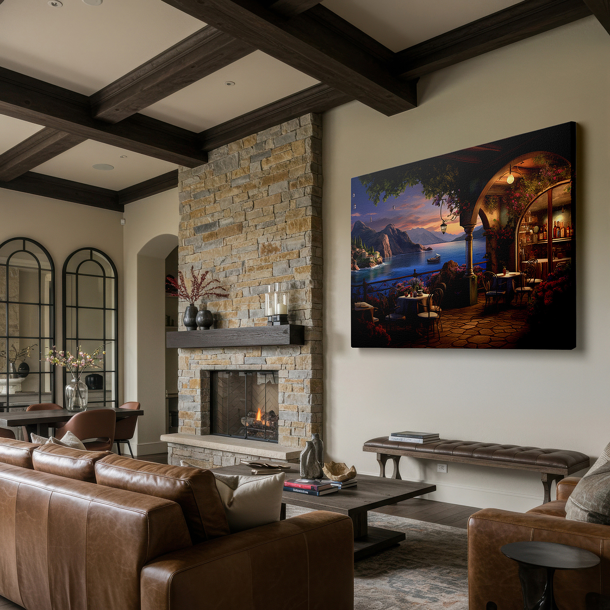 Hung in a cozy reading nook beside a floor lamp and bookshelf — elegant seaside dining at sunset: tranquil coastal canvas - large wall art for office, bedroom, and living room decor