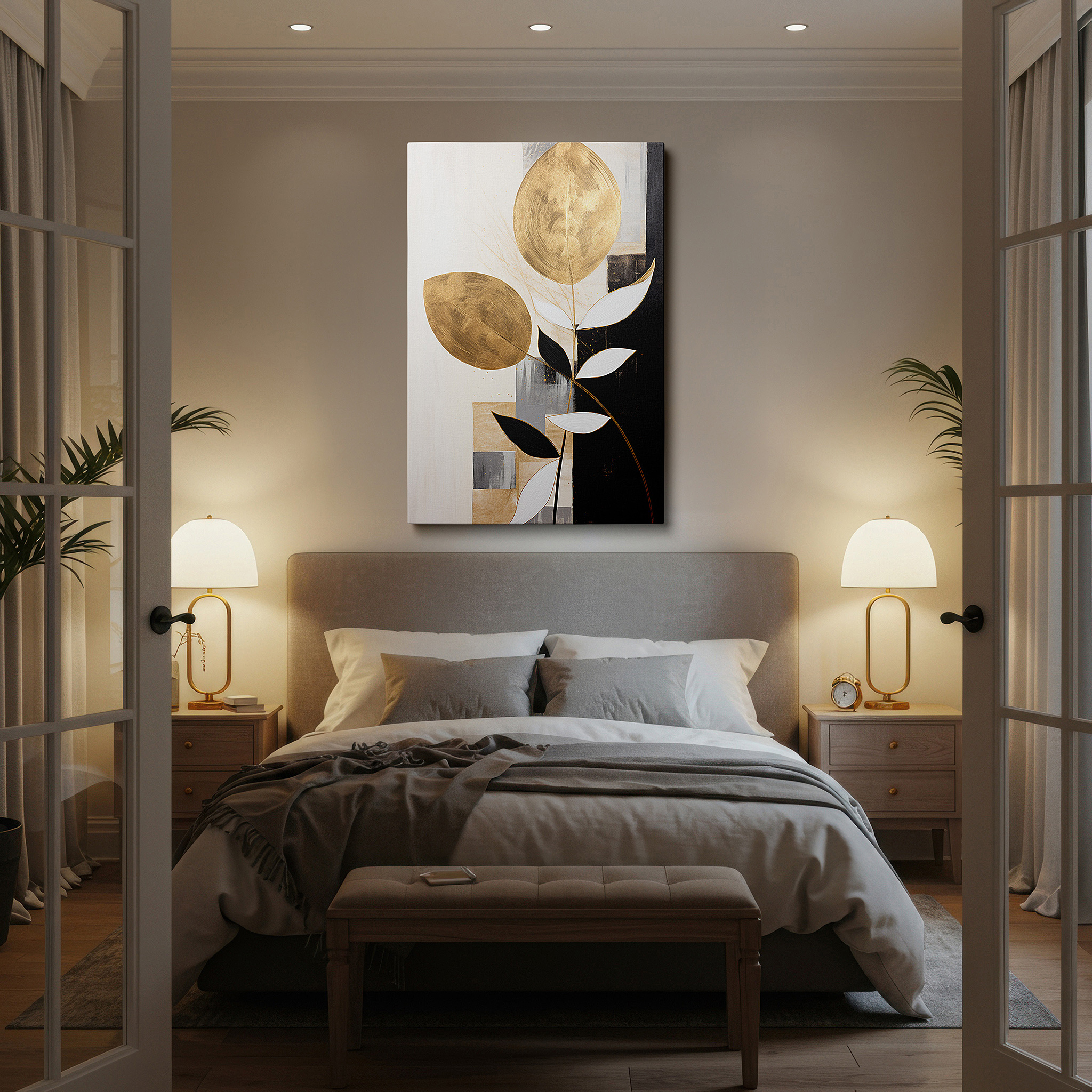 Hung in a cozy reading nook beside a floor lamp and bookshelf — elegant wall art featuring golden leaves and geometric designs on a black and white background, large canvas wall art for home and office decor