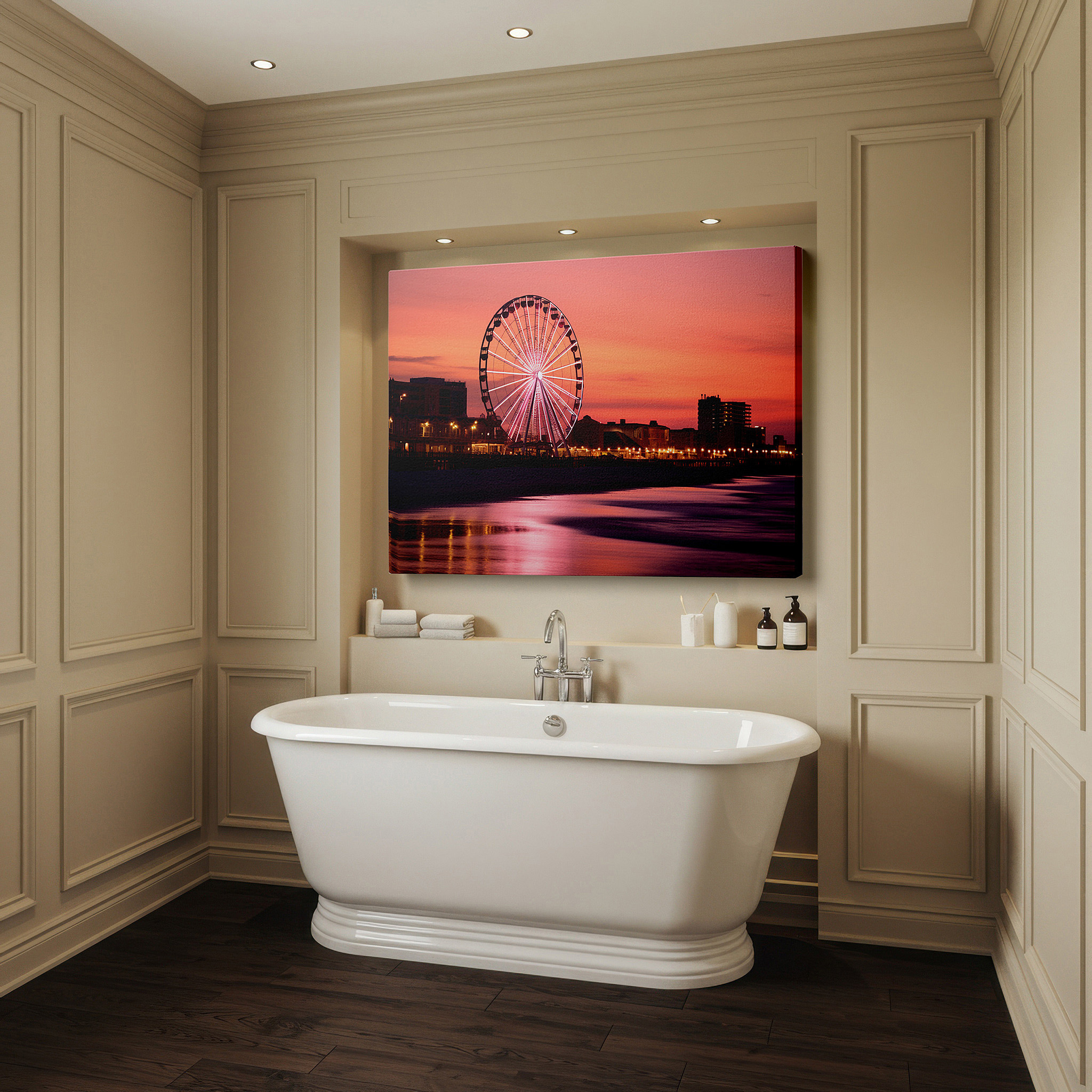 Hung in a cozy reading nook beside a floor lamp and bookshelf — enchanted evening at the beachside amusement park featuring an illuminated ferris wheel and sunset reflections, large canvas wall art decor