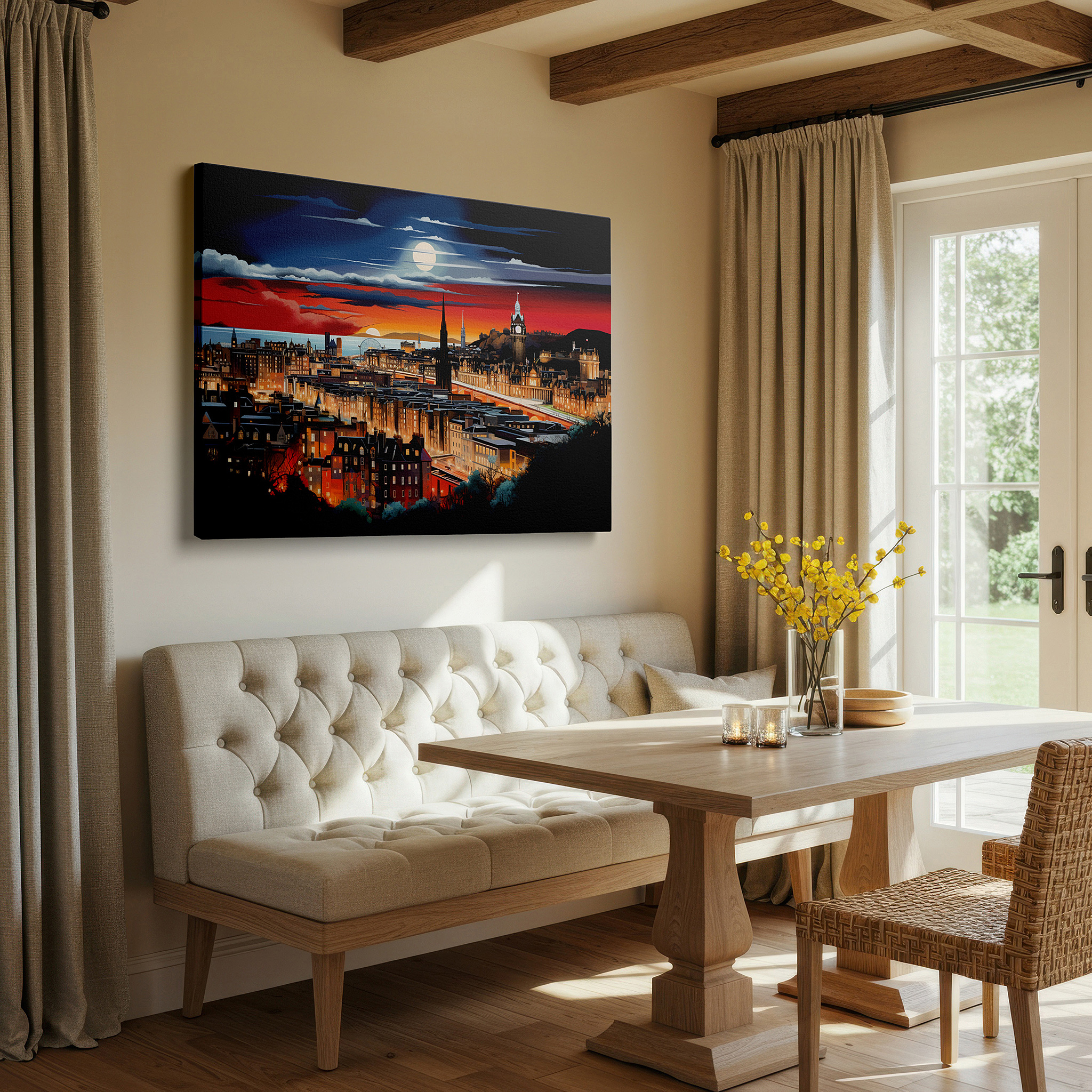 Hung in a cozy reading nook beside a floor lamp and bookshelf — enchanting sunset above edinburgh's historic skyline wall art, large canvas print, home and office decor, suitable for living rooms, bedrooms, and offices