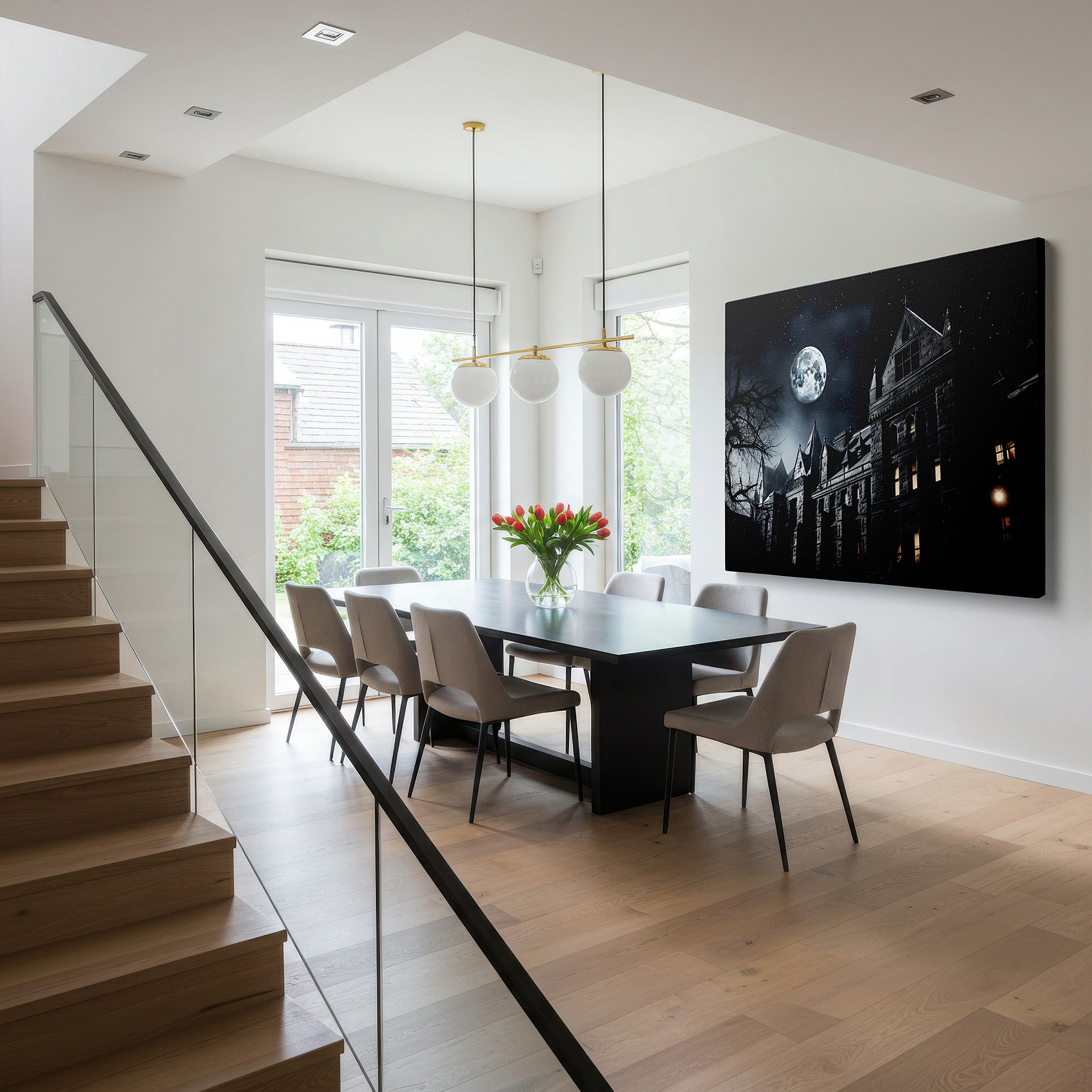 Hung in a cozy reading nook beside a floor lamp and bookshelf — ethereal moonlit mansion: mysterious and inviting large wall art, canvas decor for home and office