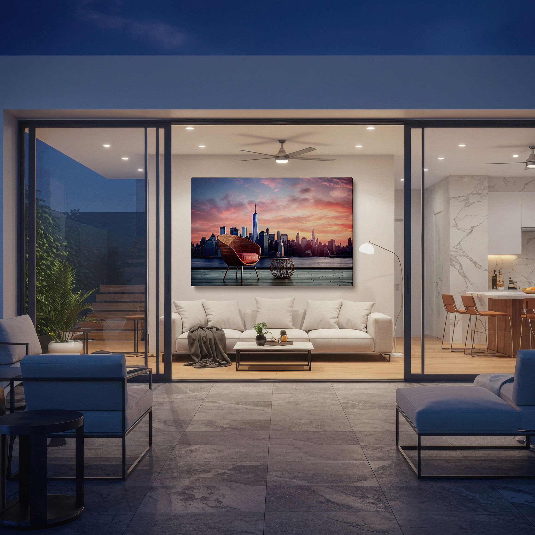 Hung in a cozy reading nook beside a floor lamp and bookshelf — experience the serene elegance of urban life with this chic sunset cityscape featuring a modern chair - large canvas wall art perfect for office decor