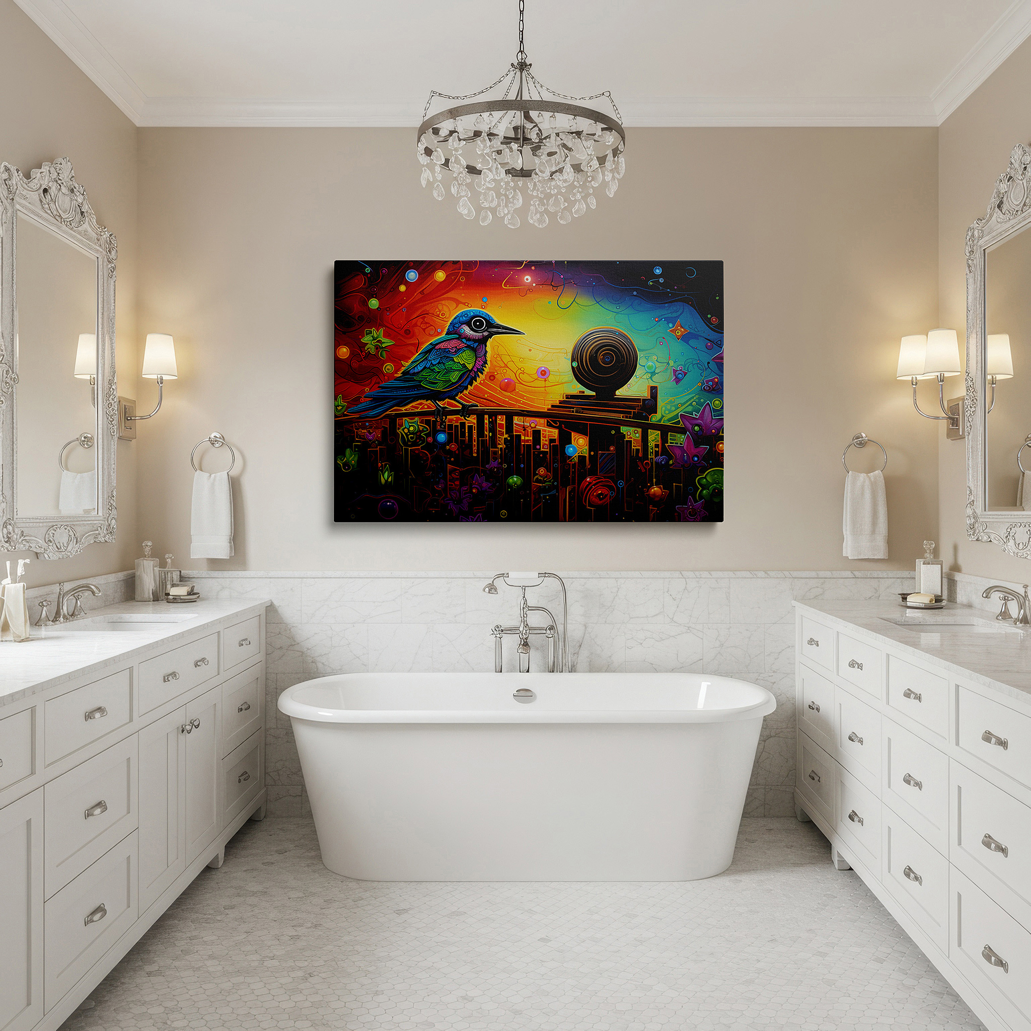 Hung in a cozy reading nook beside a floor lamp and bookshelf — fantasy meets reality: vivid bird centerpiece with abstract natural elements, large canvas wall art for home and office decor