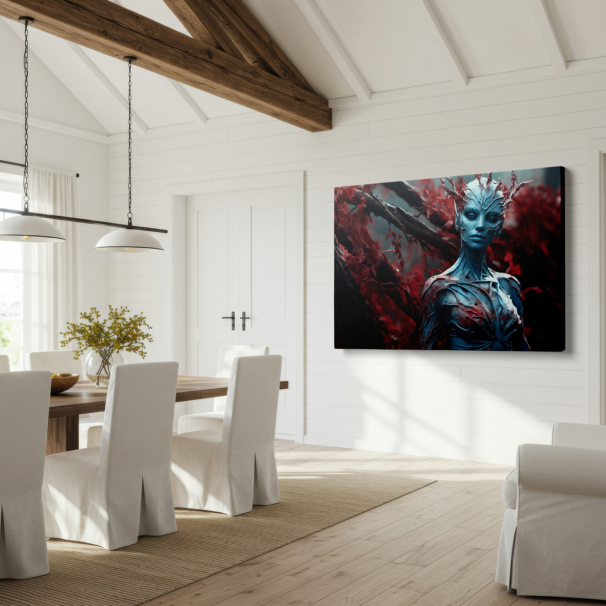 Hung in a cozy reading nook beside a floor lamp and bookshelf — fiery red leaves and surreal ocean transformation large canvas wall art for office, bedroom, and living room decor