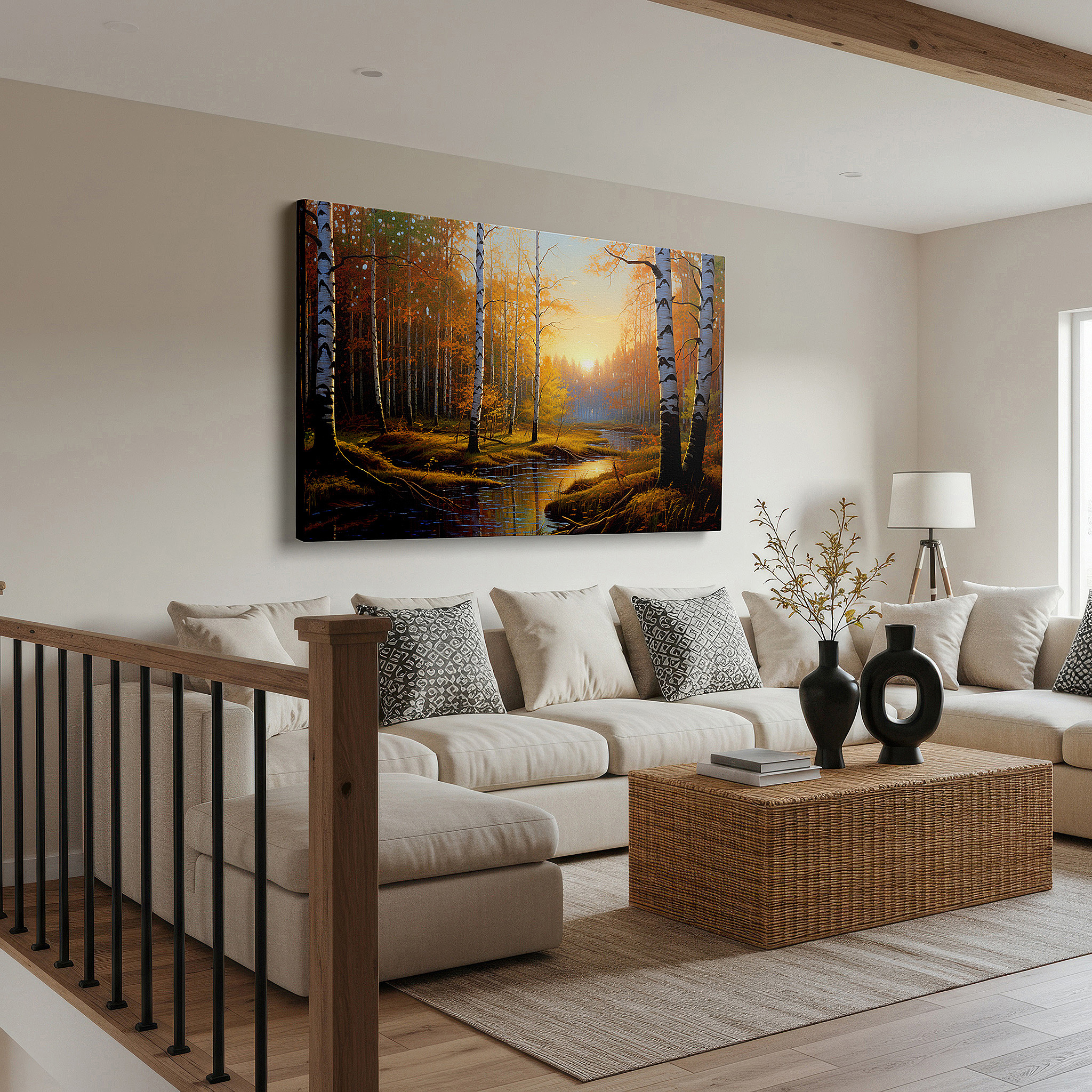 Hung in a cozy reading nook beside a floor lamp and bookshelf — golden hour glow over tranquil birch forest with fiery autumn leaves reflecting in a serene stream - large canvas wall art