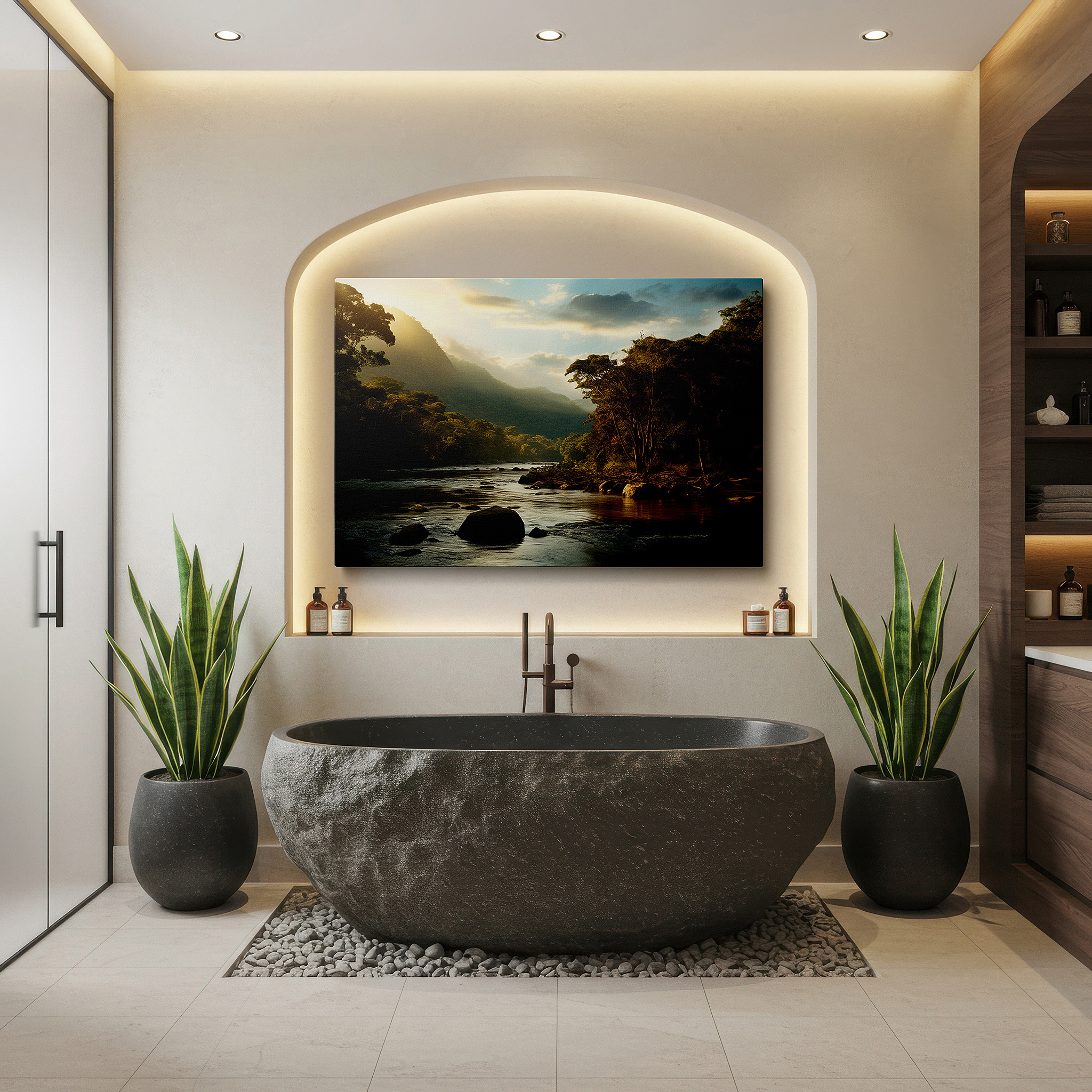 Hung in a cozy reading nook beside a floor lamp and bookshelf — golden hour at the tropical river - serene paradise large wall art, canvas wall art, wall decor for office, bedroom, and living room