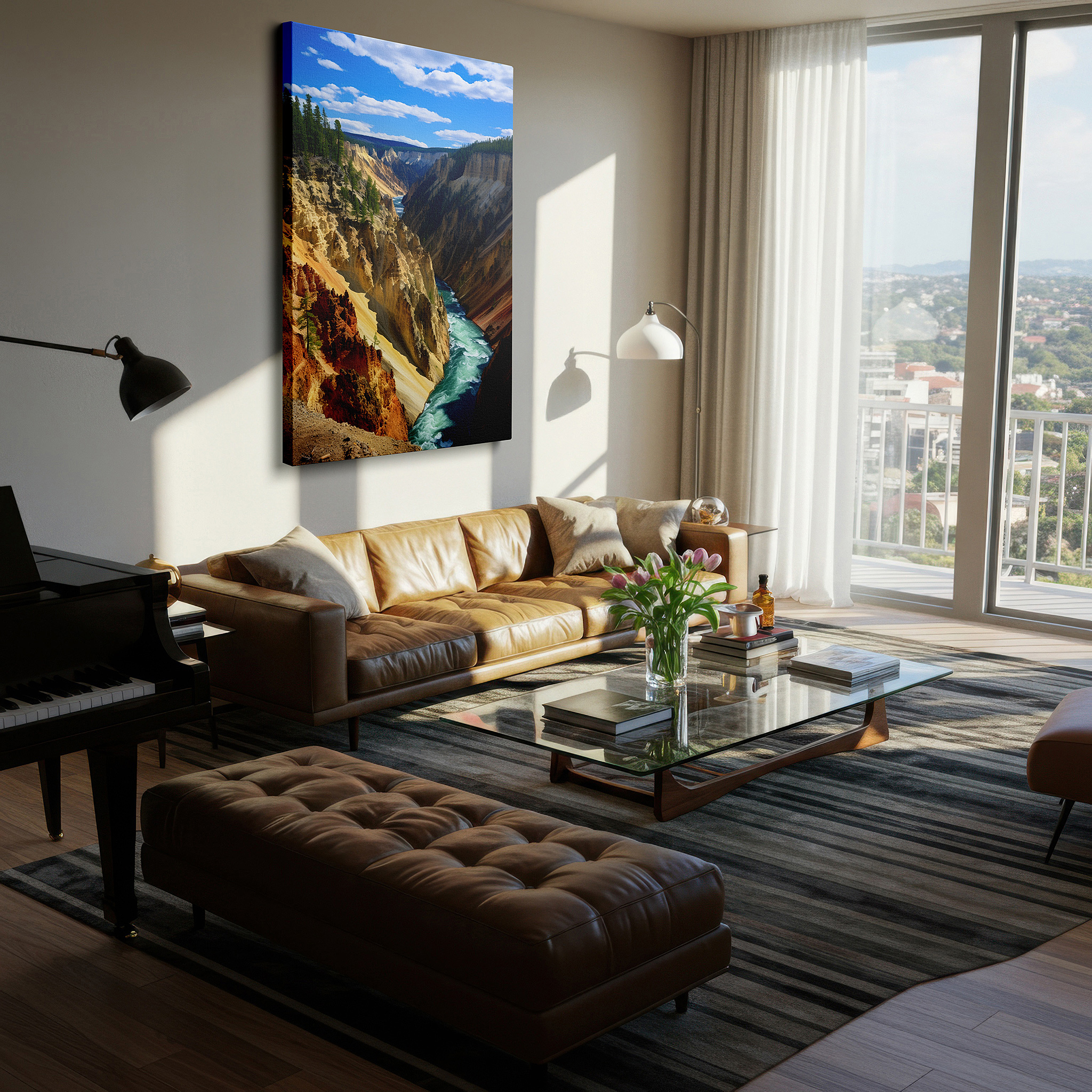 Hung in a cozy reading nook beside a floor lamp and bookshelf — grand canyon majesty: vibrant rock formations and tranquil waters - large canvas wall art for office and bedroom decor