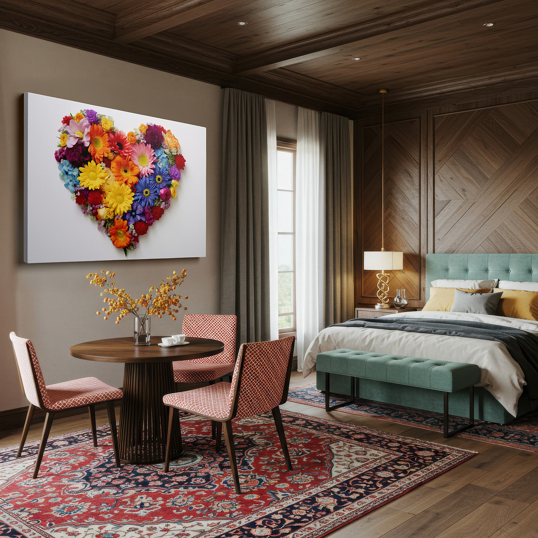 Hung in a cozy reading nook beside a floor lamp and bookshelf — heart-shaped floral symphony wall art featuring roses, daisies, and lilies - celebrating love and nature, ideal for home or office decor, available as large canvas wall art