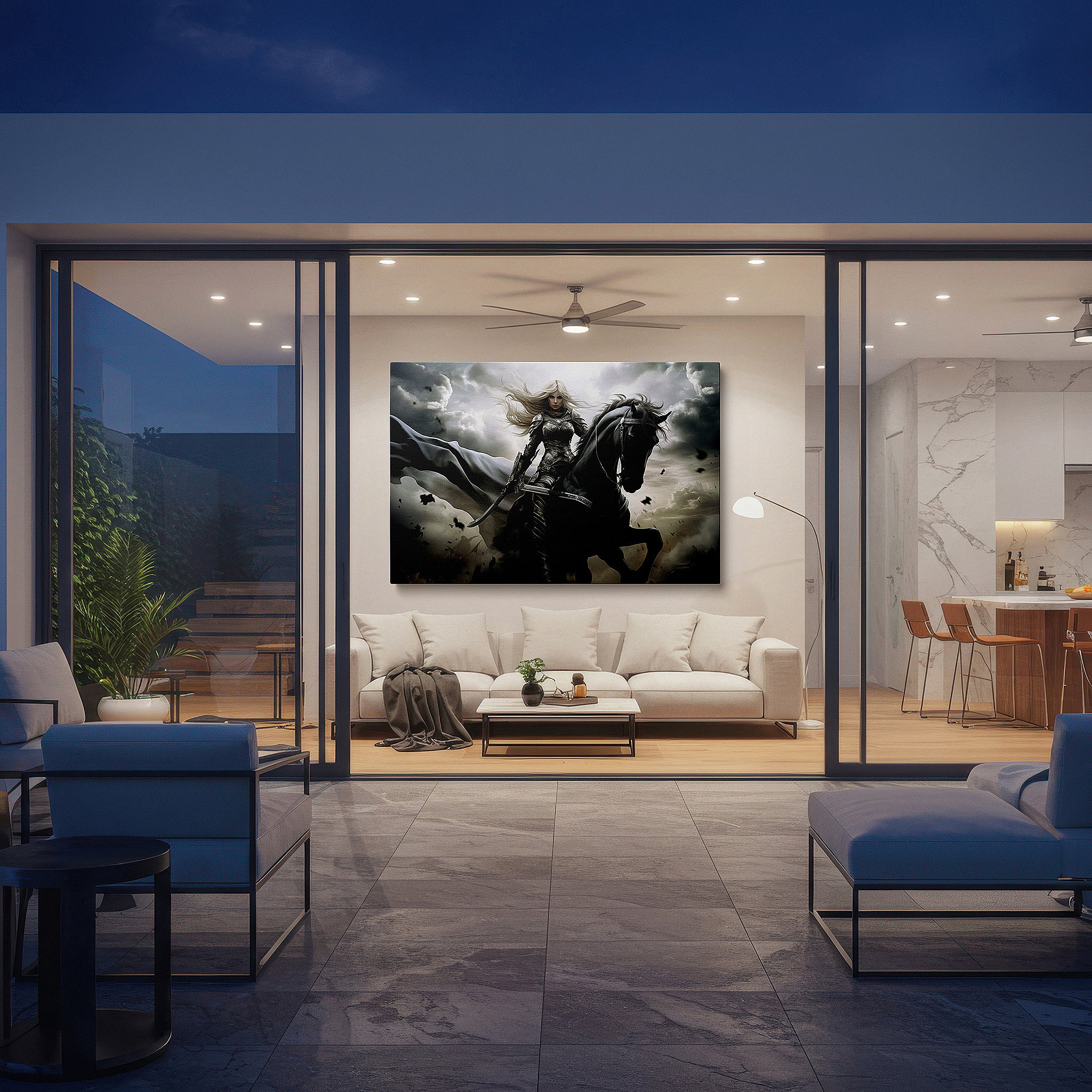 Hung in a cozy reading nook beside a floor lamp and bookshelf — heroic female knight and black horse charging through a stormy saga - large canvas wall art for office, bedroom, and living room decor