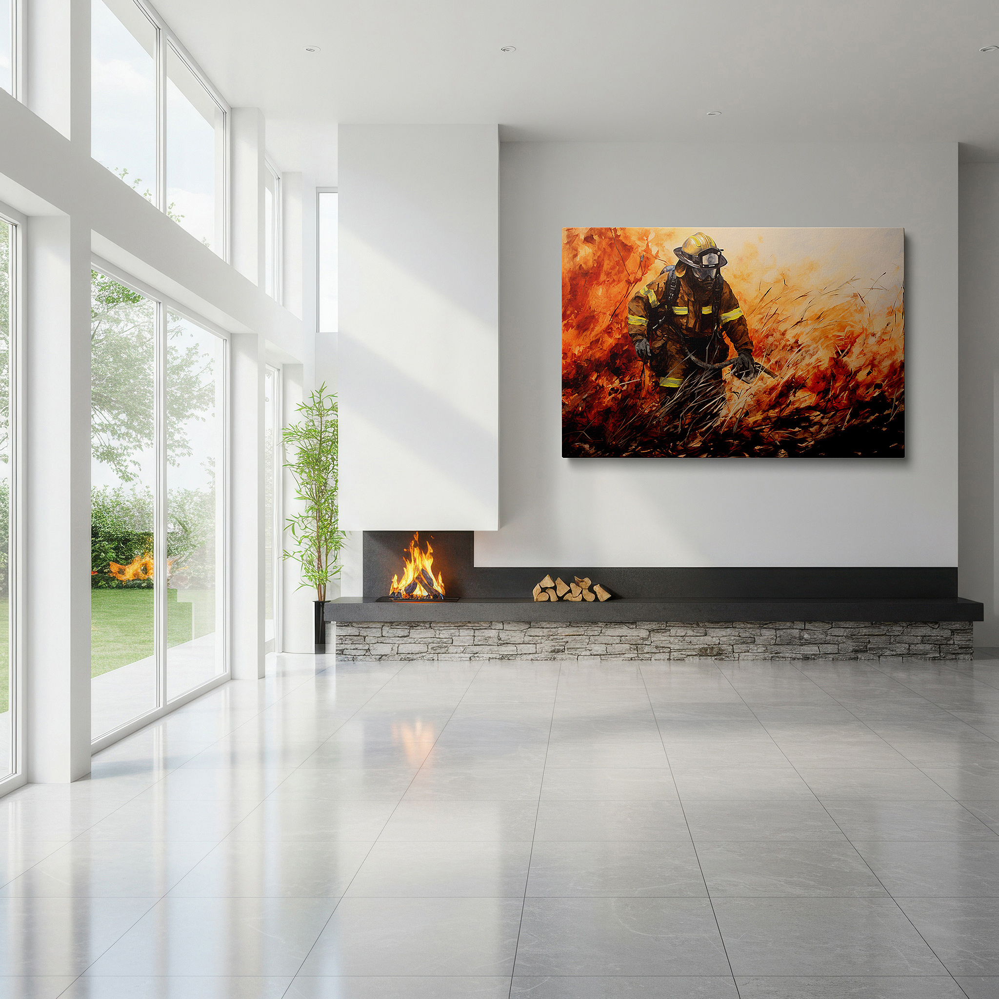 Hung in a cozy reading nook beside a floor lamp and bookshelf — heroic firefighter confronts inferno: large canvas wall art for office and bedroom decor