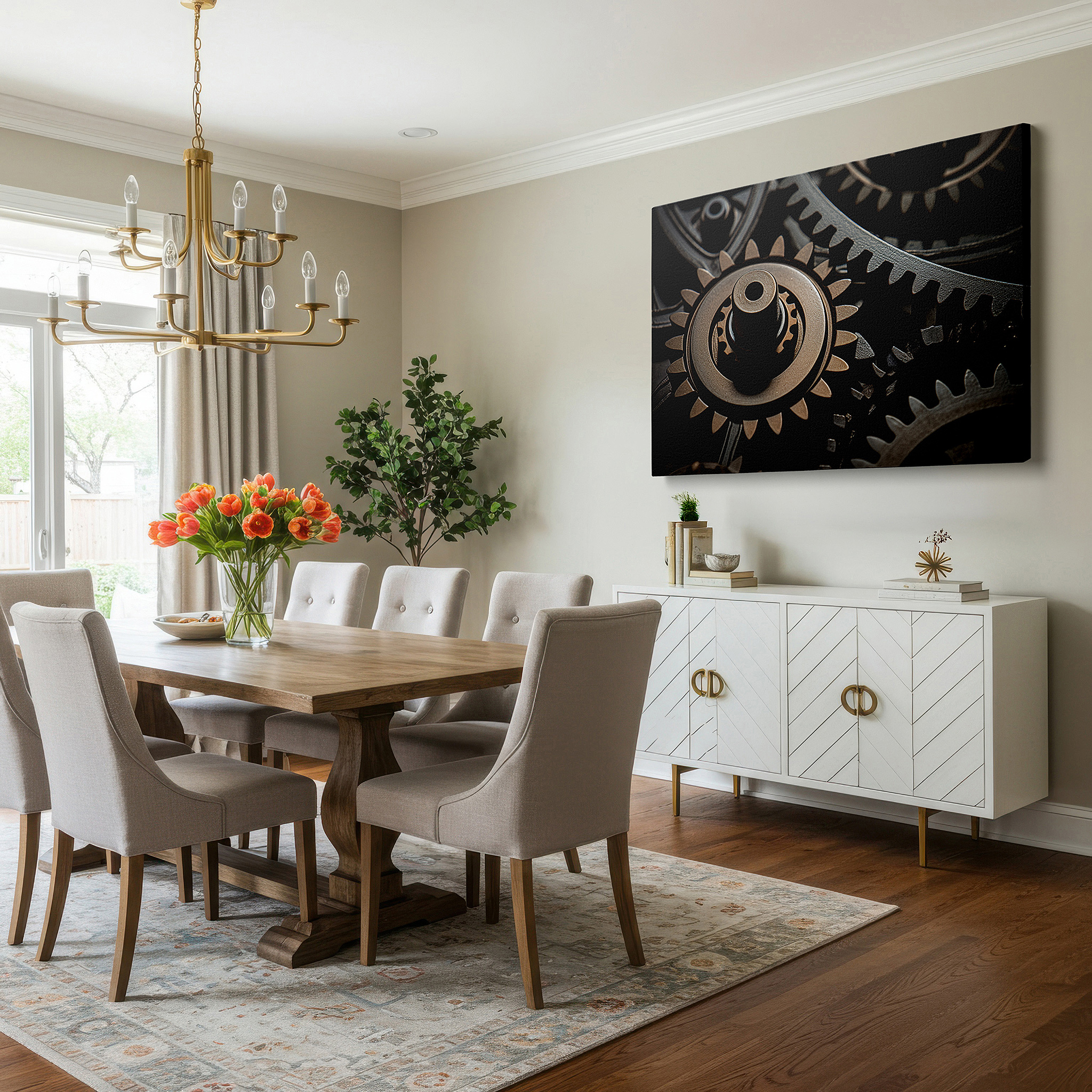 Hung in a cozy reading nook beside a floor lamp and bookshelf — interlocking metal gears wall art: a symphony of mechanical precision and artistic flair, perfect for office or bedroom decor, available as large canvas