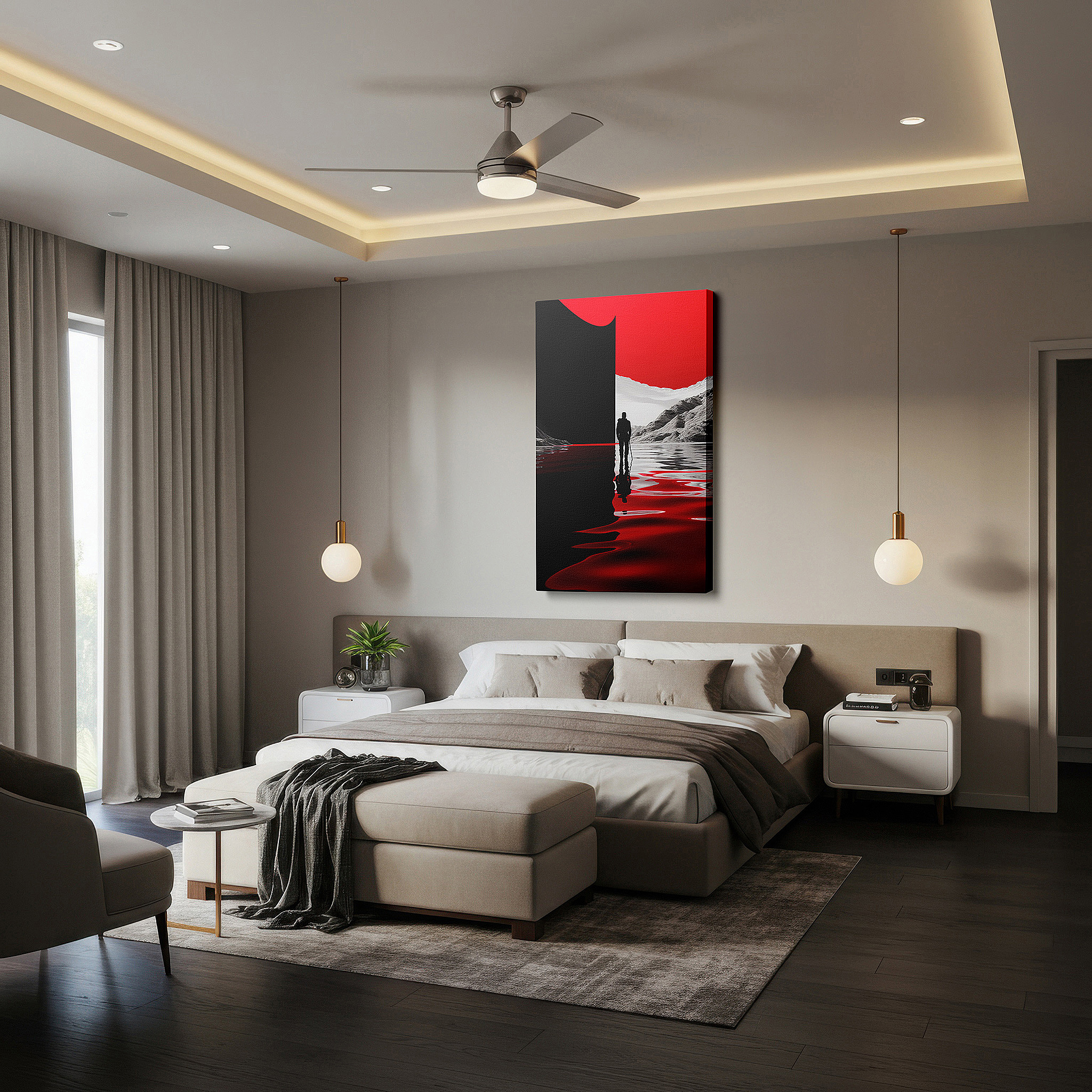 Hung in a cozy reading nook beside a floor lamp and bookshelf — at the intersection of passion and mystery, a lone figure contemplates life's decisions - large wall art, canvas wall art, wall decor for office