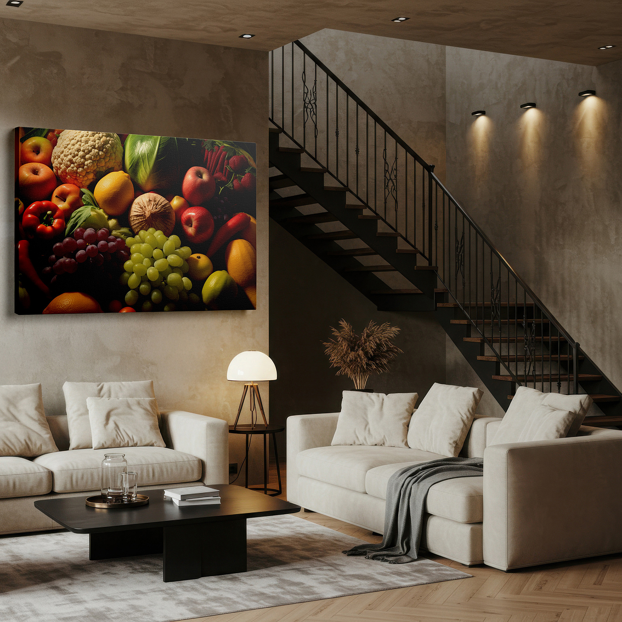 Hung in a cozy reading nook beside a floor lamp and bookshelf — a lively celebration of nature's riches featuring fresh apples, succulent grapes, and bright peppers - large wall art, canvas wall art, wall decor for office