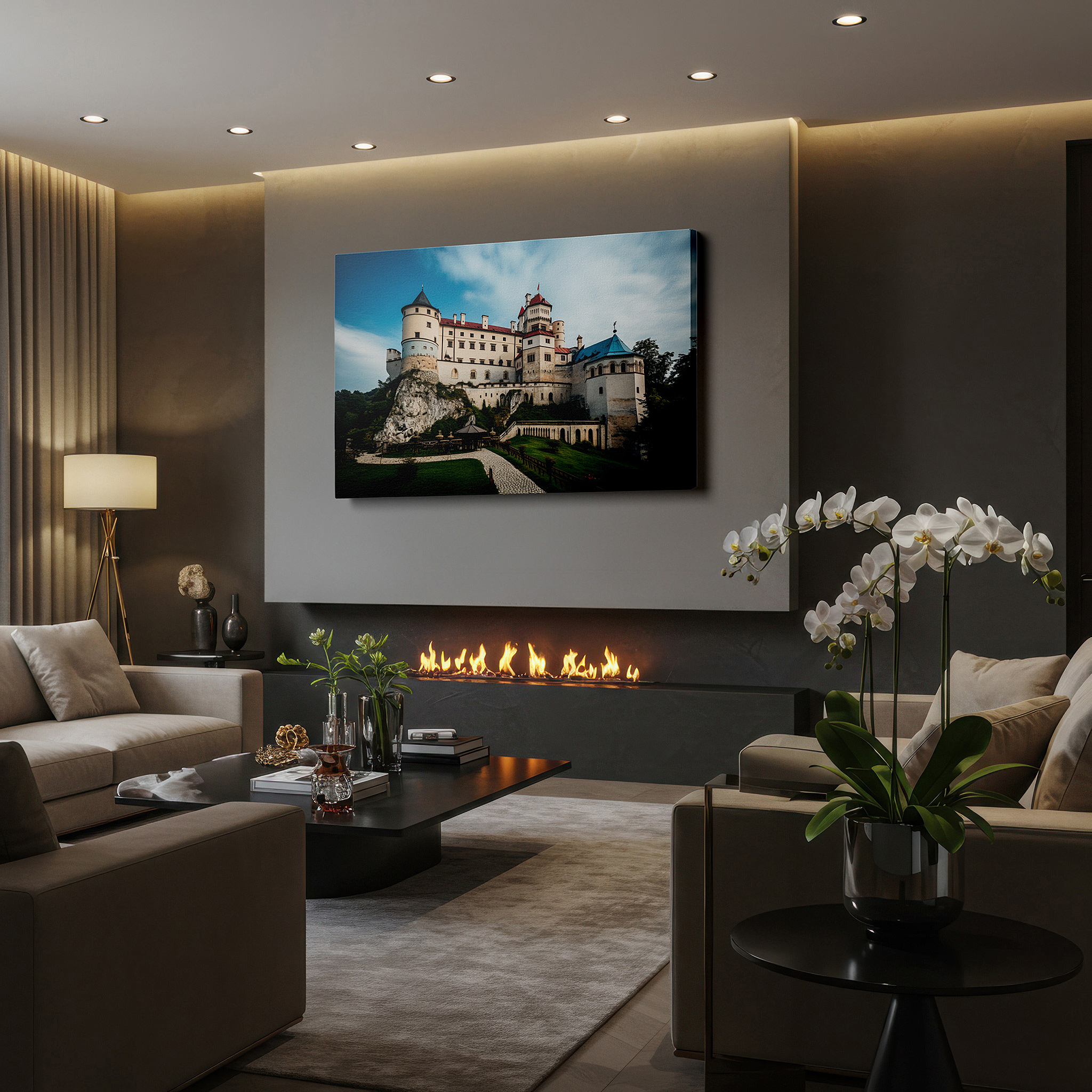 Hung in a cozy reading nook beside a floor lamp and bookshelf — majestic castle on a cliff surrounded by lush greenery under a bright sky - large canvas wall art for home and office decor